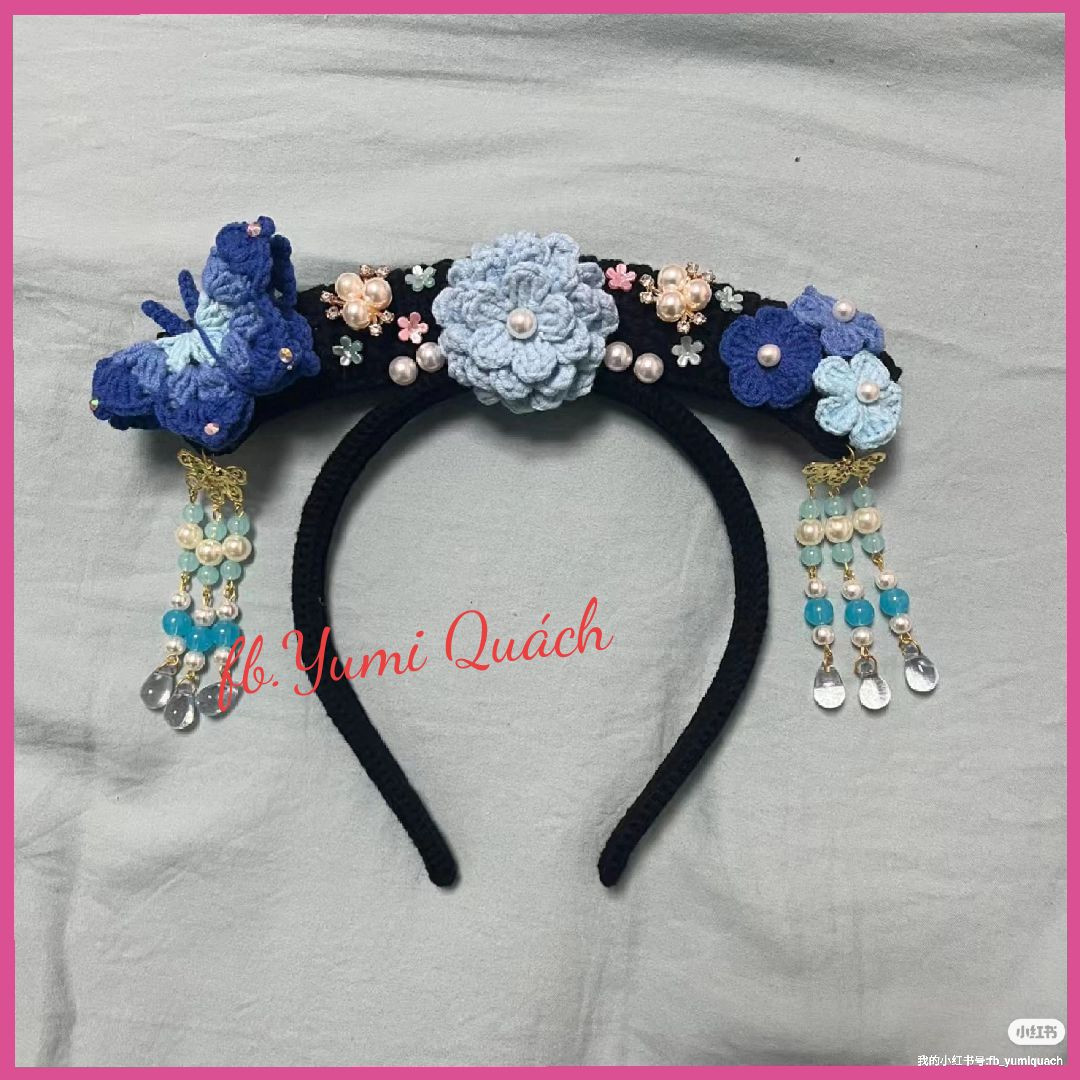 Crochet Headband with Flowers and Butterfly Decoration