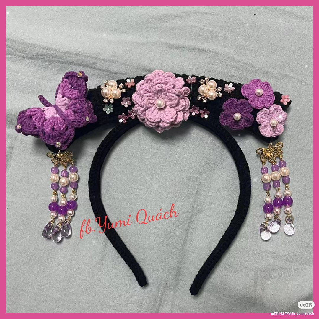 Crochet Headband with Flowers and Butterfly Decoration