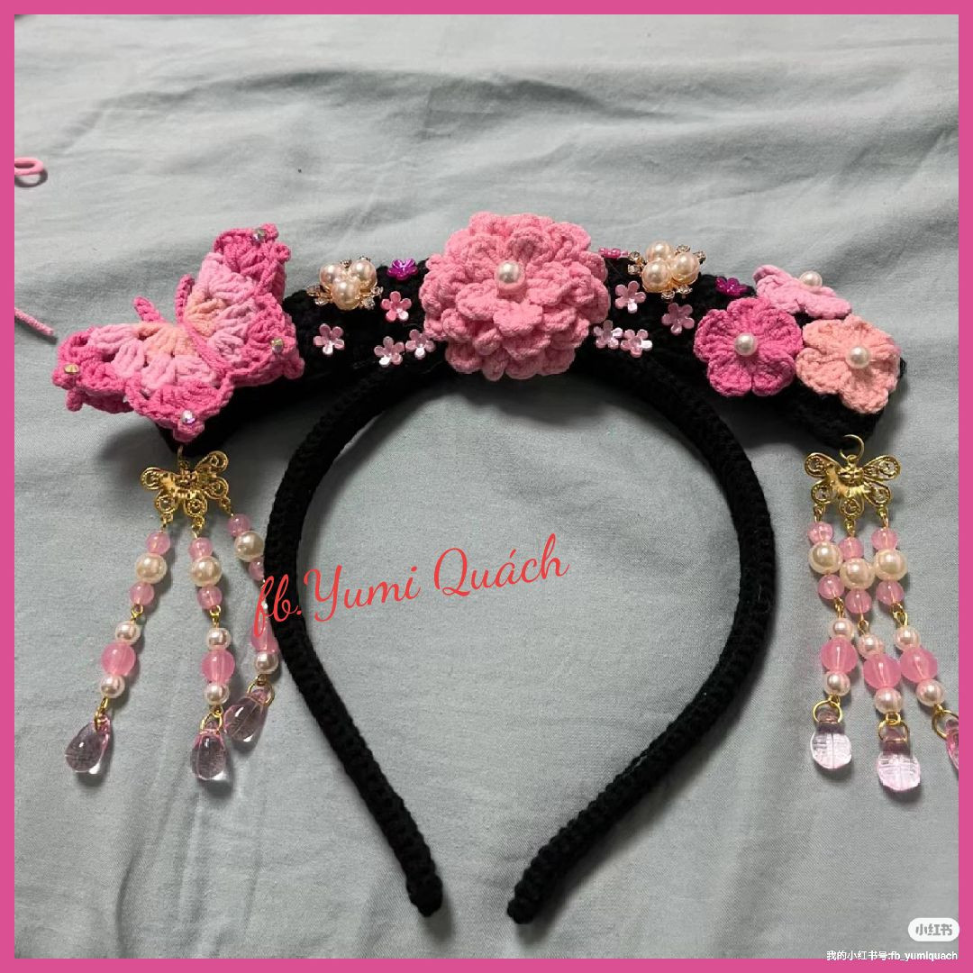 Crochet Headband with Flowers and Butterfly Decoration