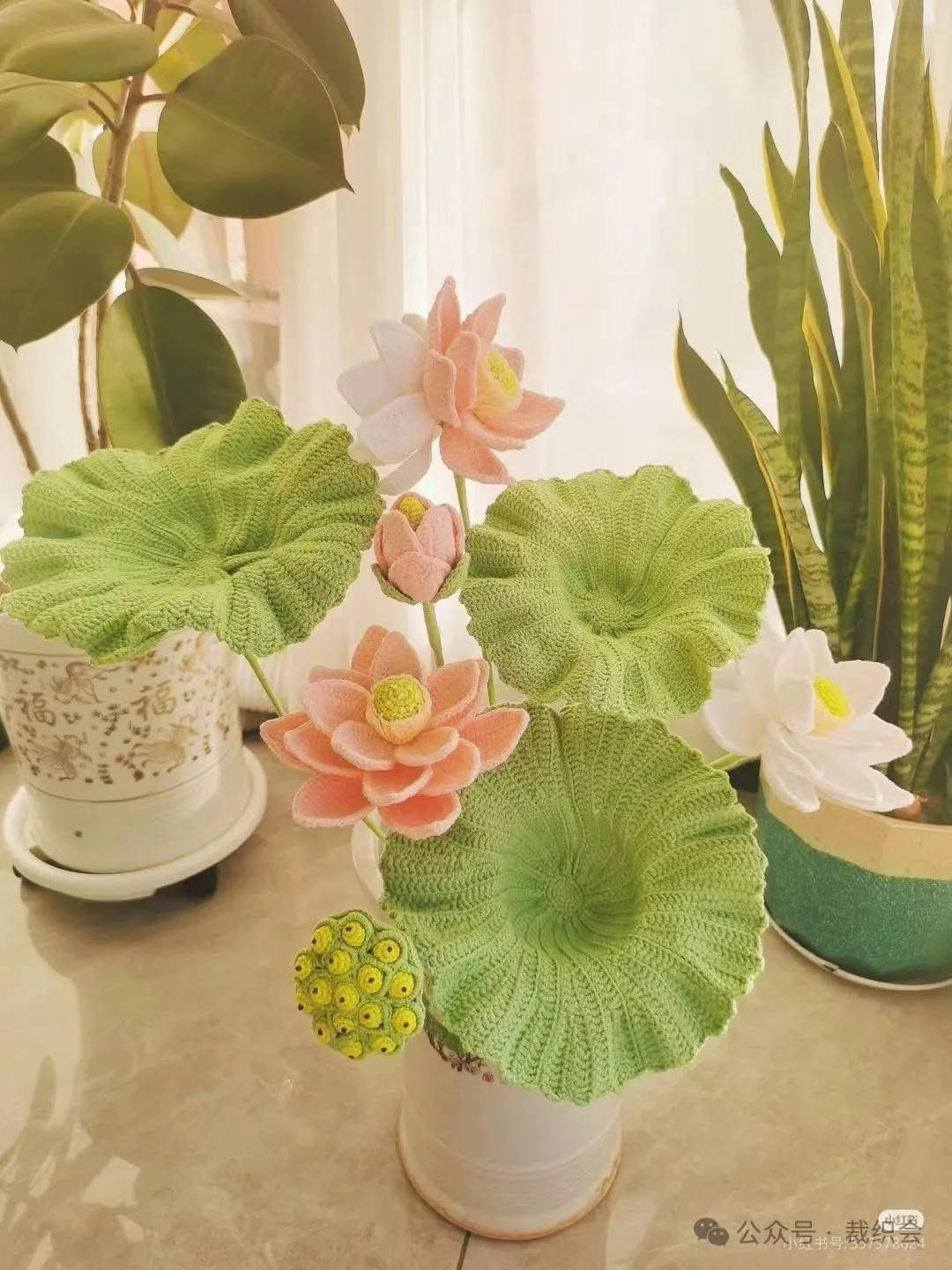 Crochet Lotus Flowers and Leaves for Home Decor