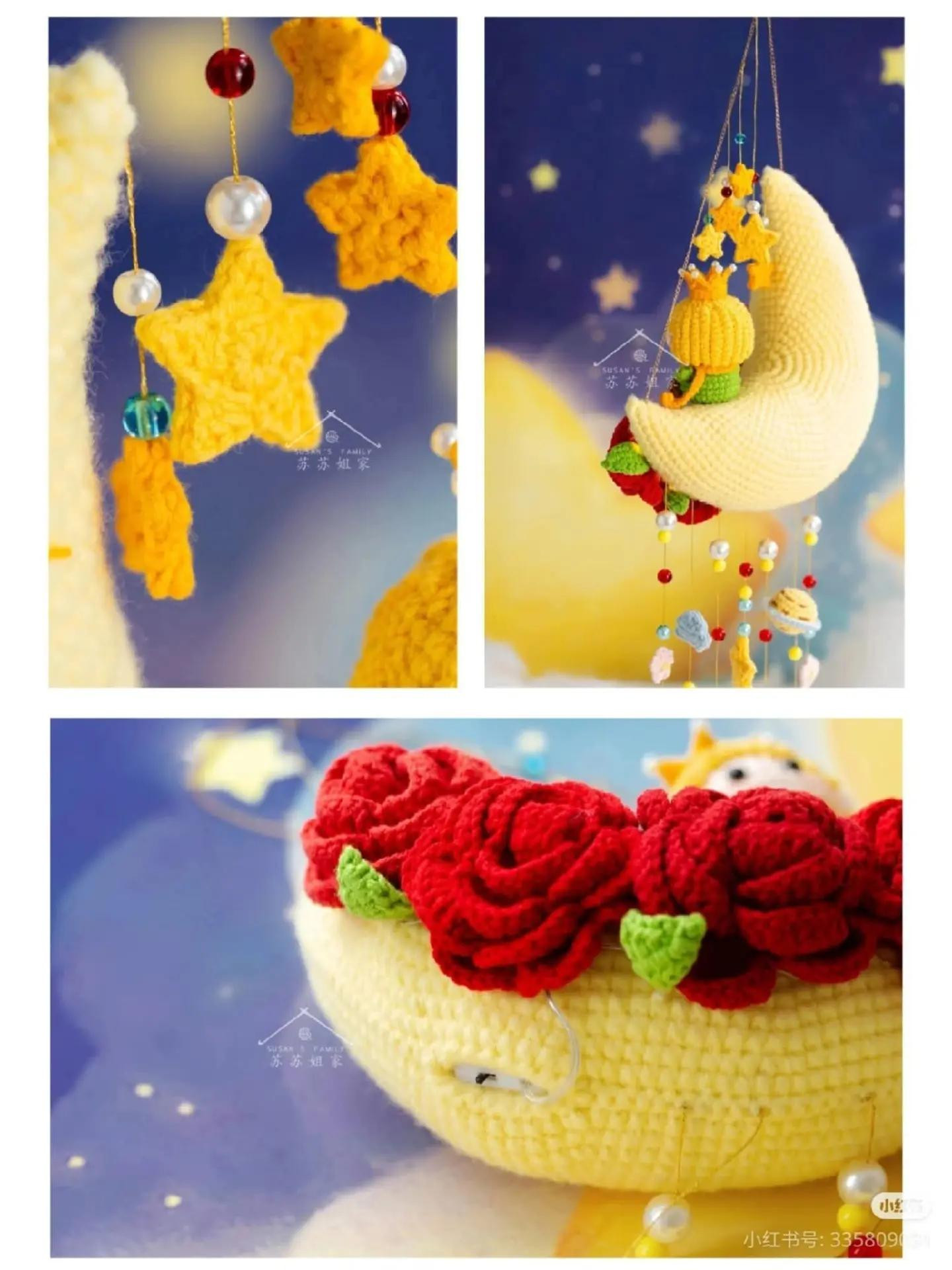 Crochet Moon Dreamcatcher with Flowers and Stars