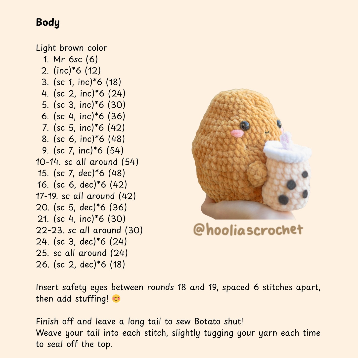 Crochet Pattern: Cute Botato Holding Boba Tea