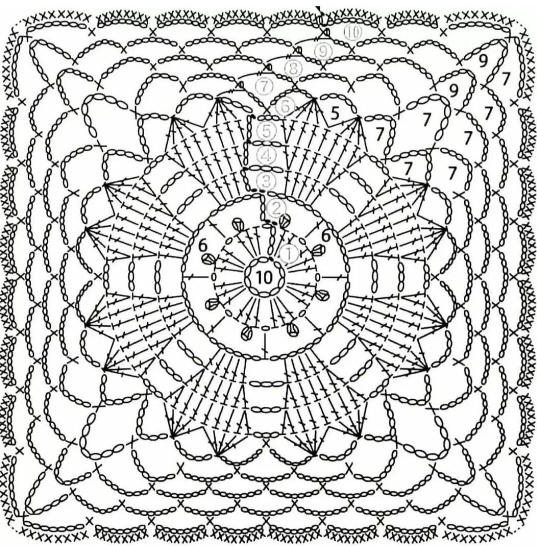 Crochet Pattern: Detailed Square Motif with Heart Accent
