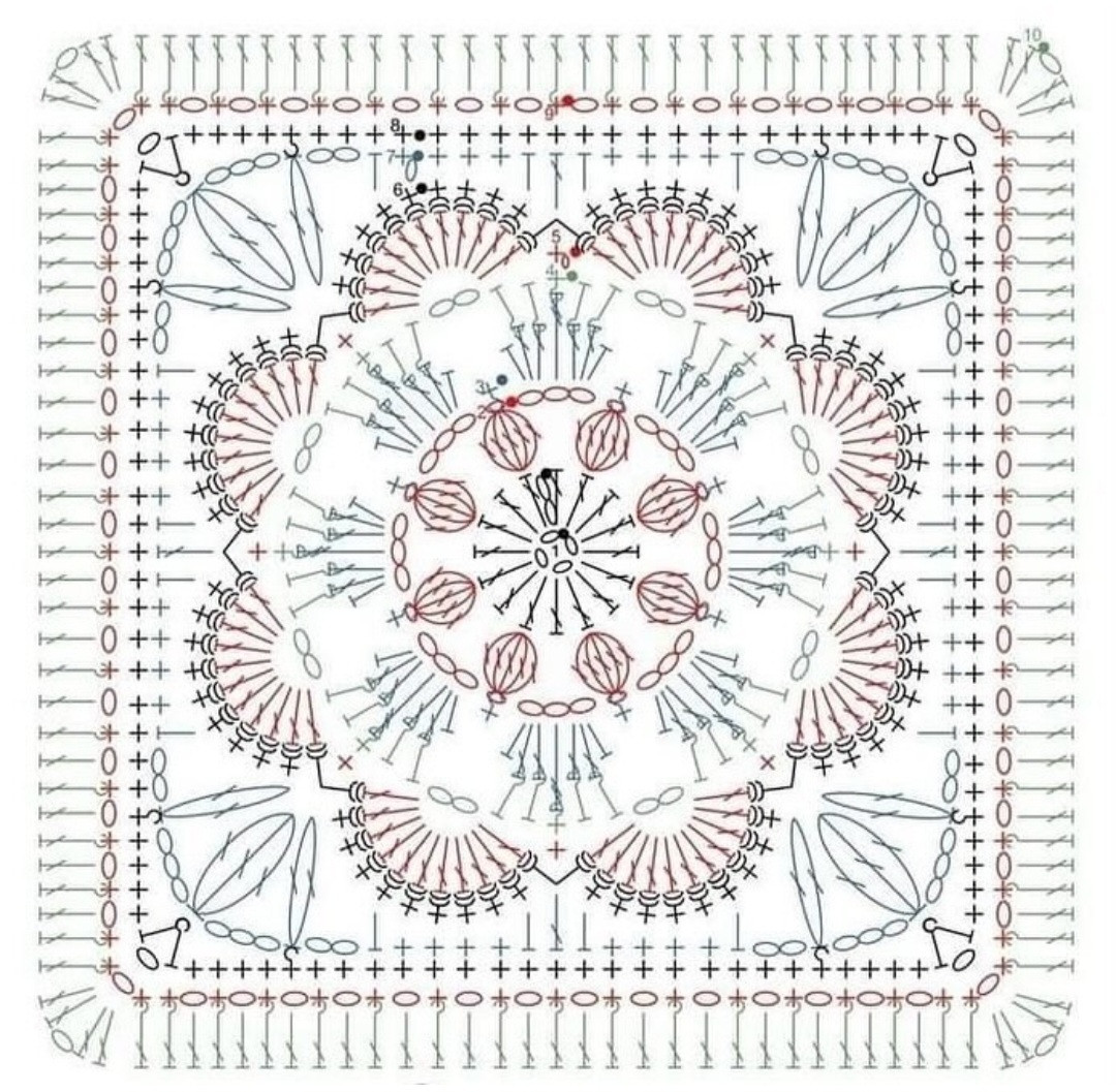 Crochet Pattern: Detailed Square Motif with Heart Accent