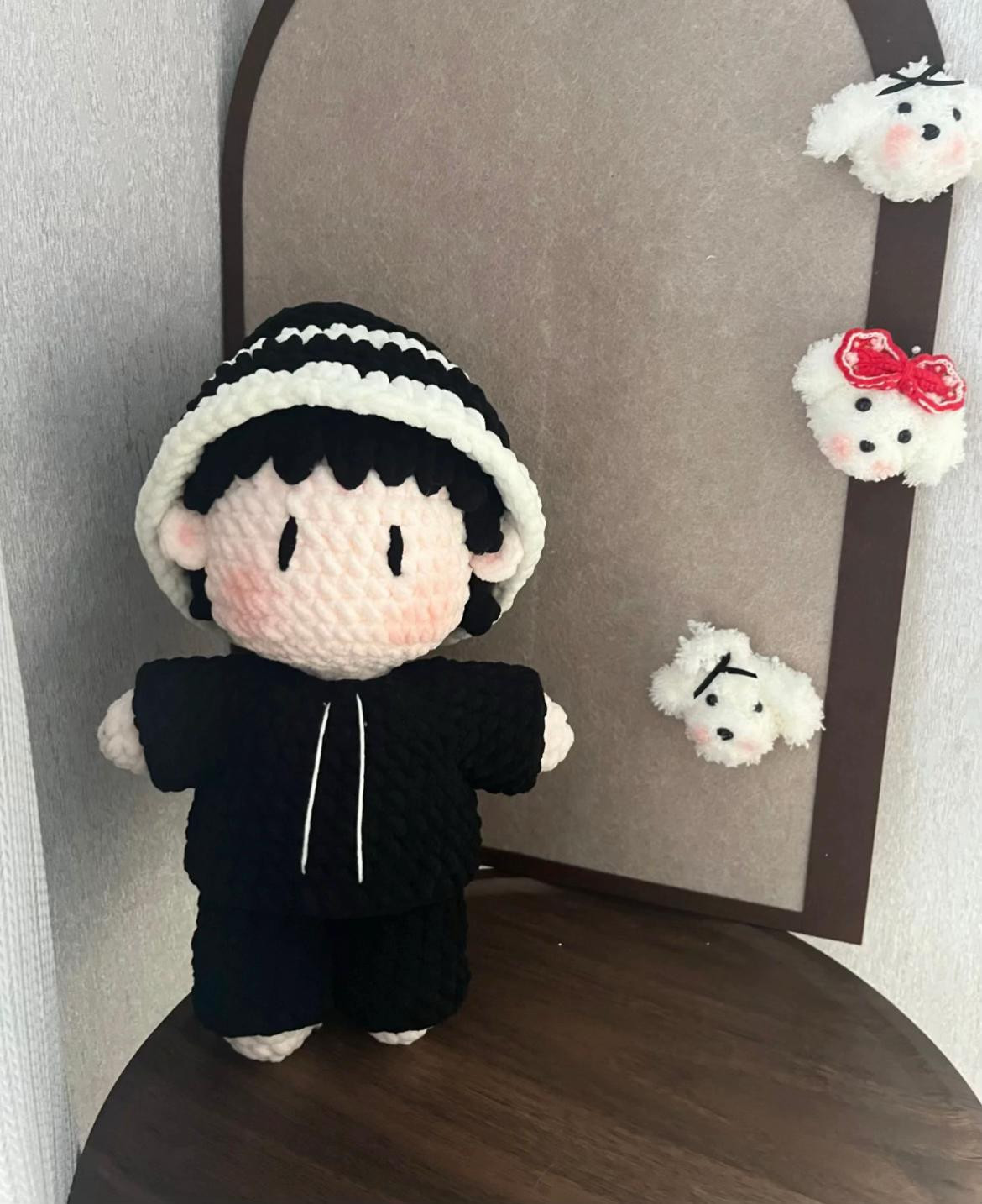 Crochet Pattern for Cute Doll with Black Outfit and Rose