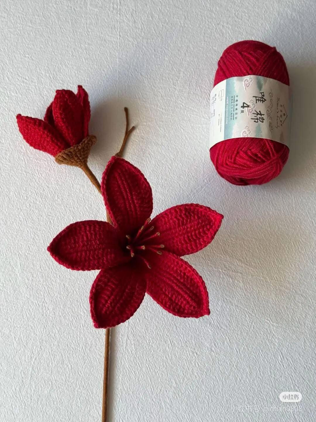 Crochet Red Lily Blossom for New Year Decorations