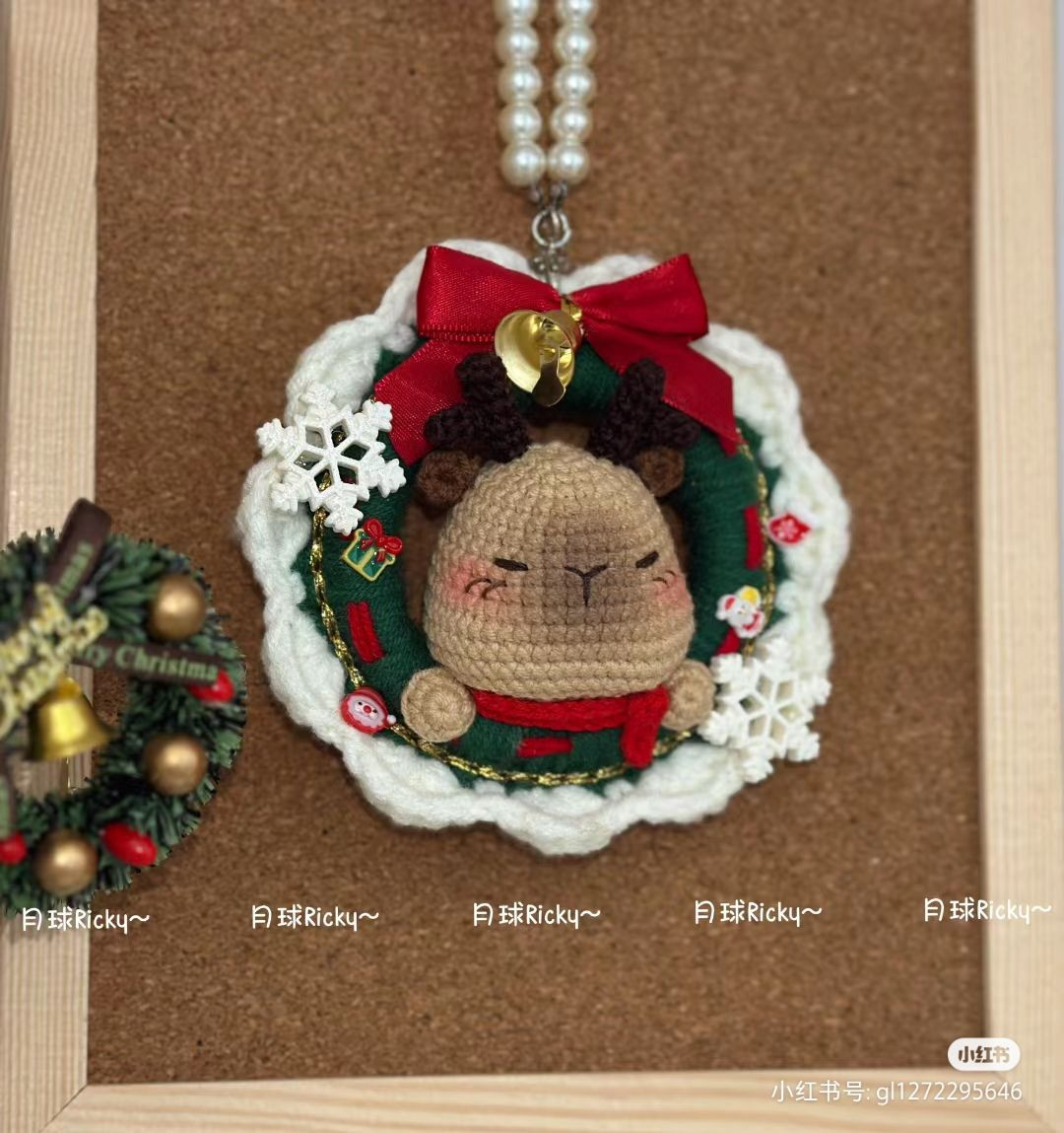 Crochet Reindeer Christmas Wreath Ornament with Red Bow and Bell