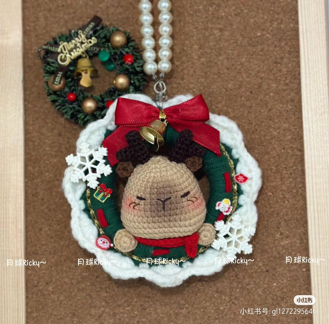 Crochet Reindeer Christmas Wreath Ornament with Red Bow and Bell