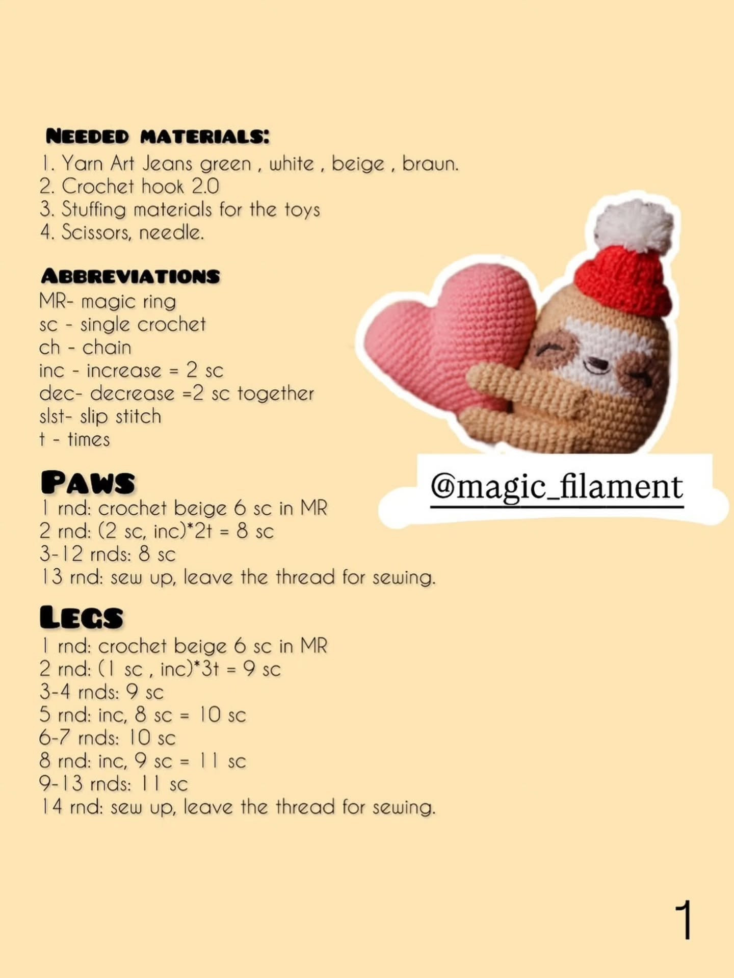 Crochet Sloth with Heart Free Pattern for Beginners