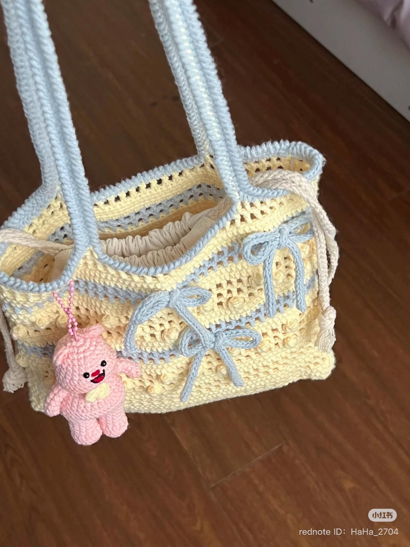 Crochet Tote Bag with Bow and Bear Charm Design