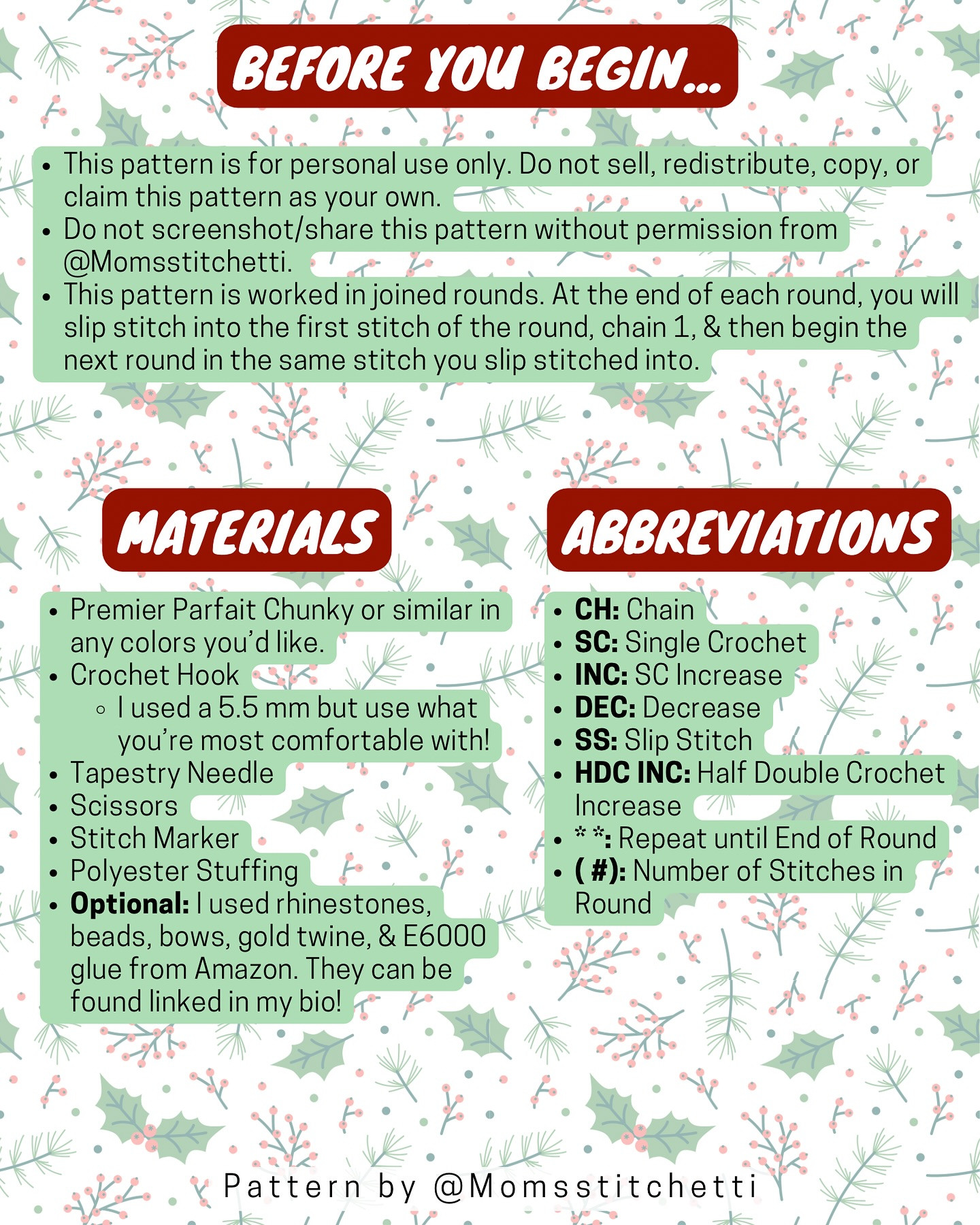 Crochet Wreath Ornament Pattern with No-Sew Options