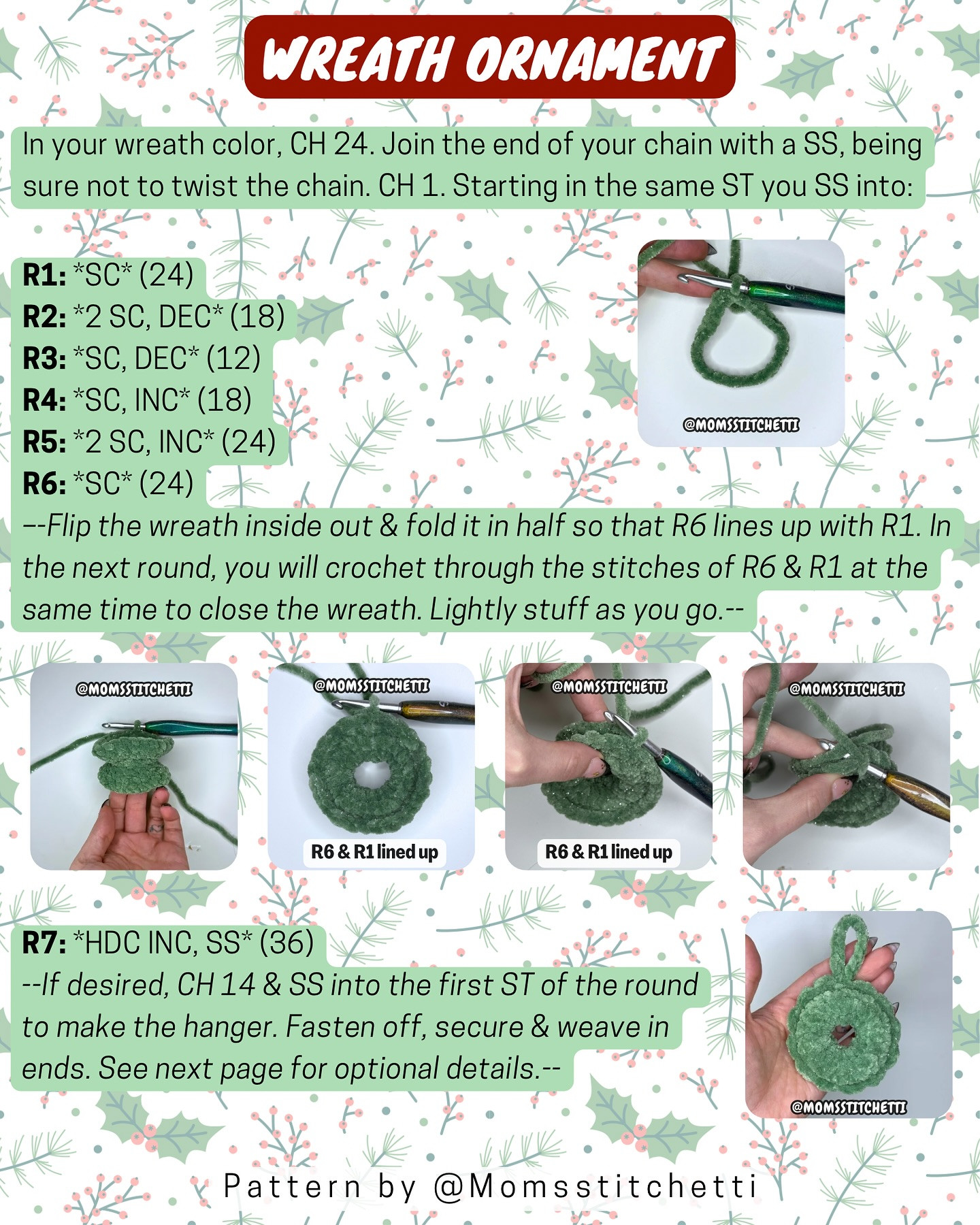 Crochet Wreath Ornament Pattern with No-Sew Options
