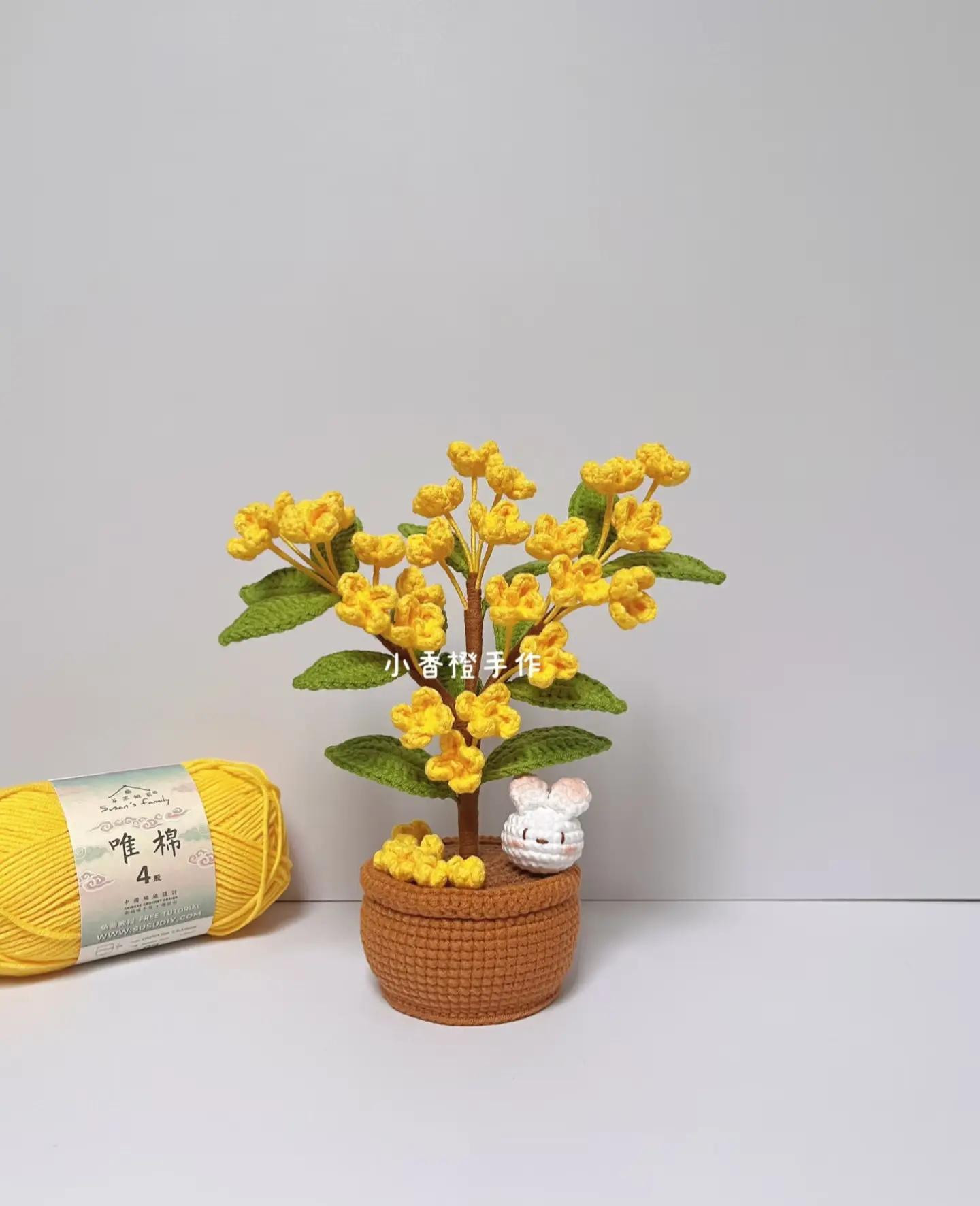 Crochet Yellow Flower Bonsai with Cute Bunny Decoration