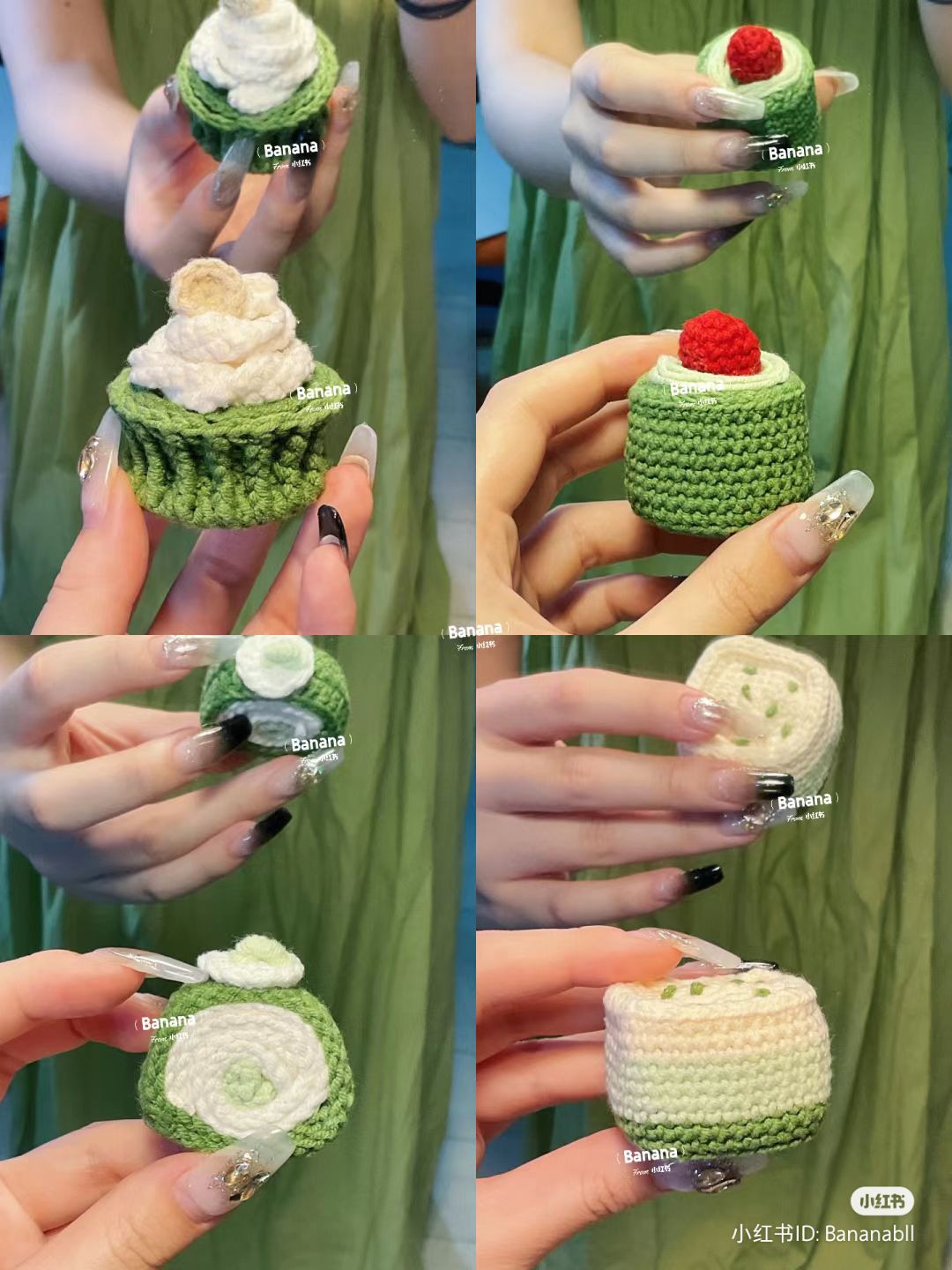Crocheted Green Tea Roll Cakes with Cream and Cherry Topping