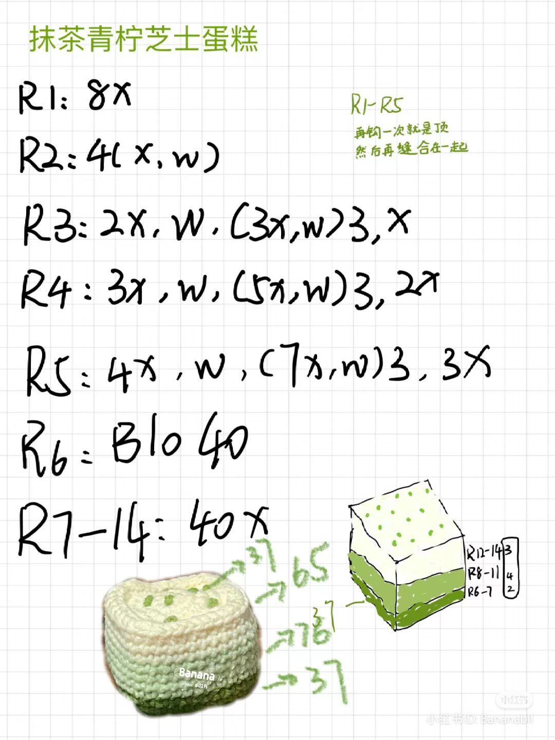 Crocheted Green Tea Roll Cakes with Cream and Cherry Topping