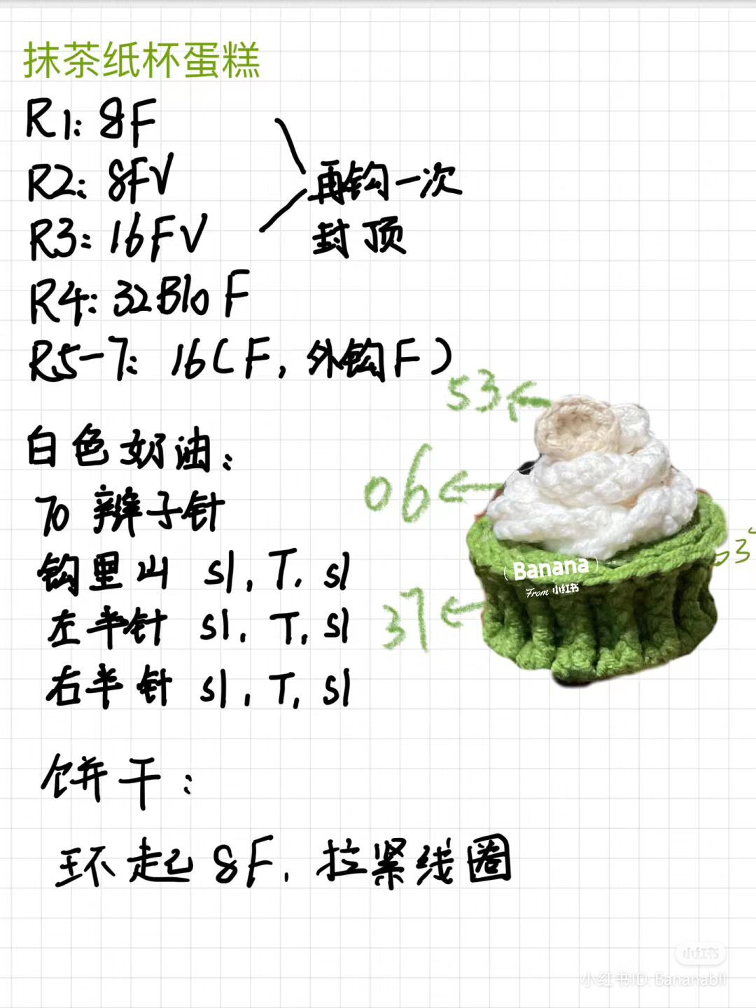 Crocheted Green Tea Roll Cakes with Cream and Cherry Topping