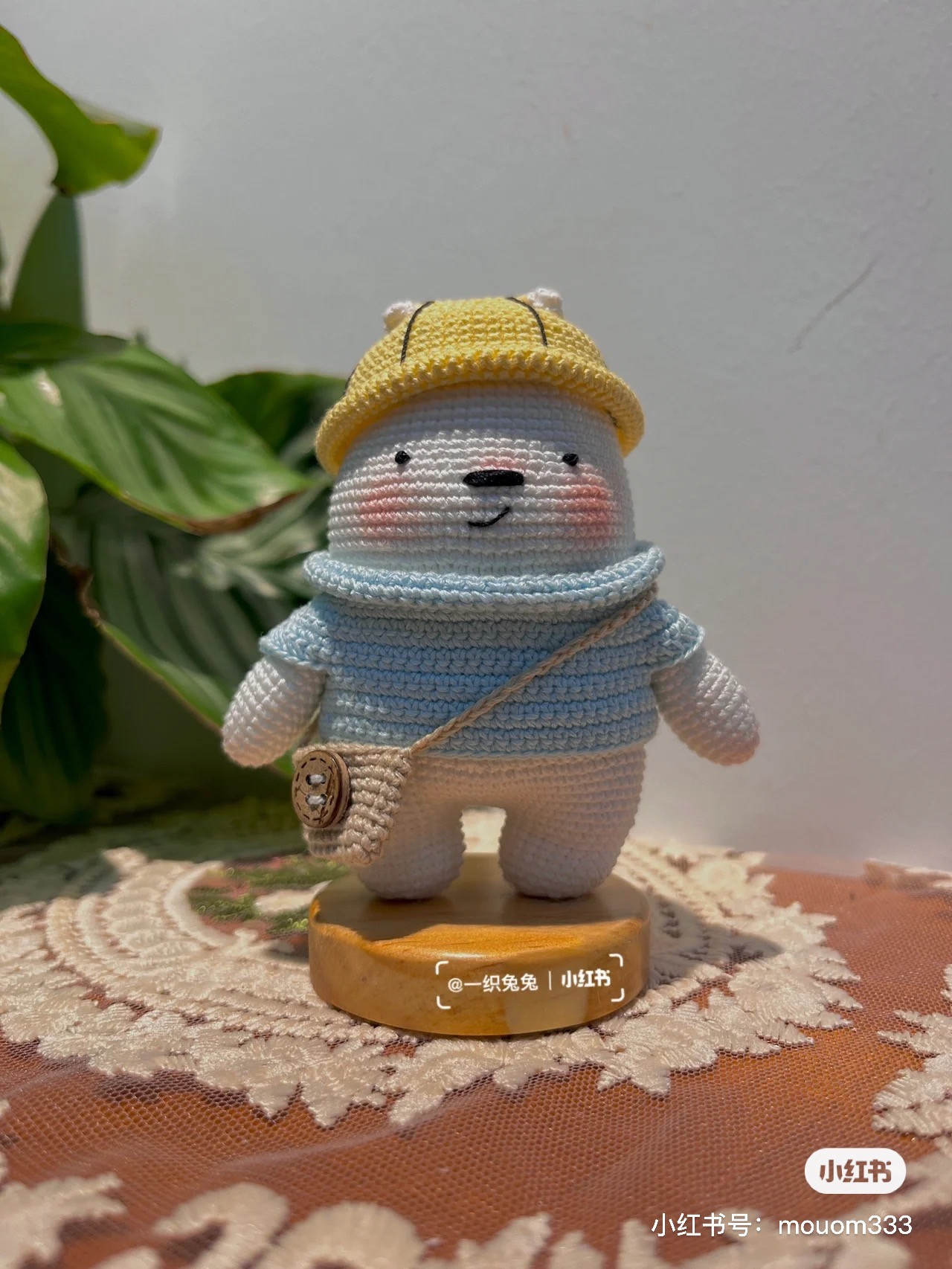 Cute Crochet Bear with Blue Sweater and Small Bag