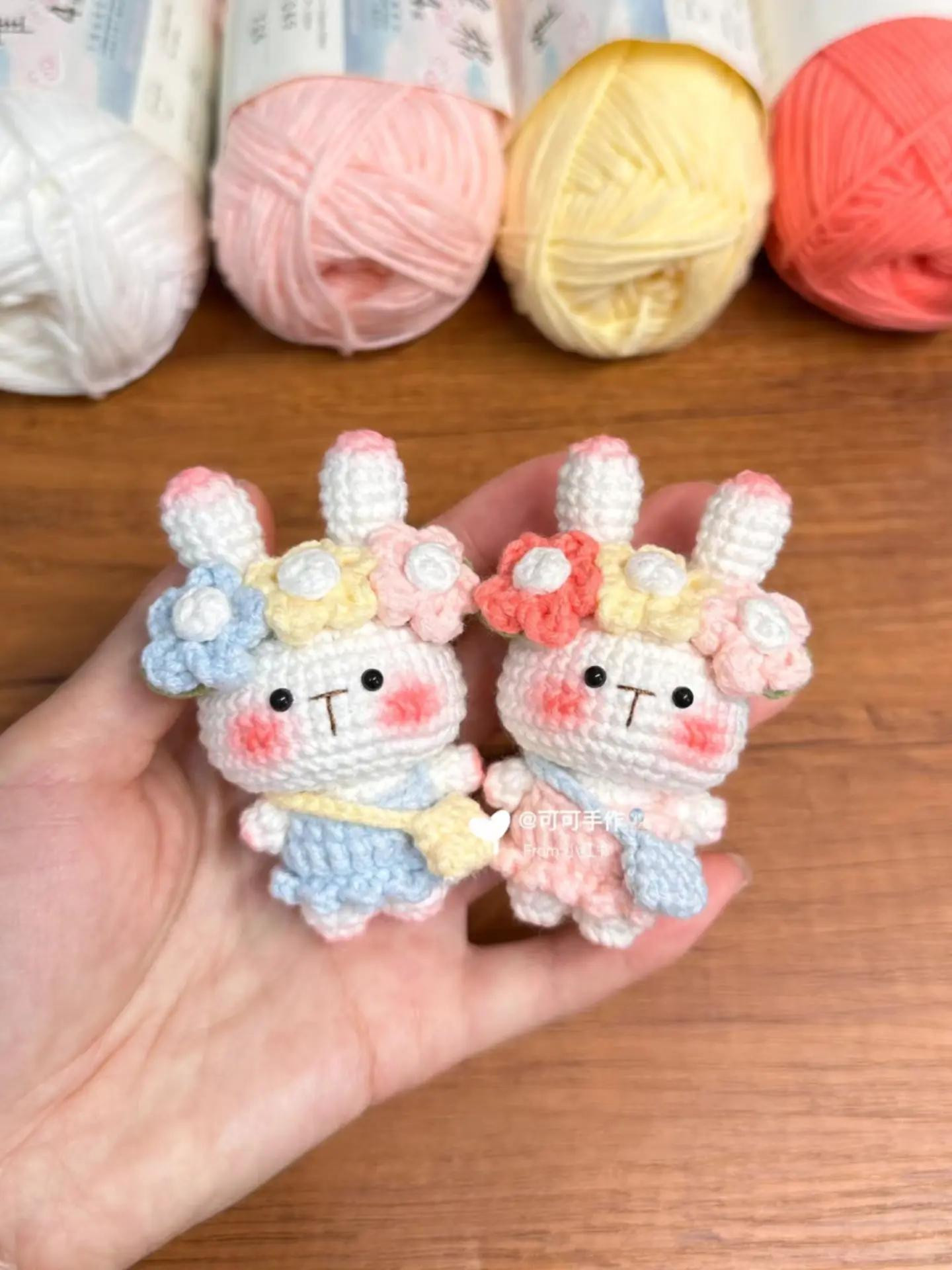 Cute Crochet Bunnies with Flower Crowns and Colorful Outfits