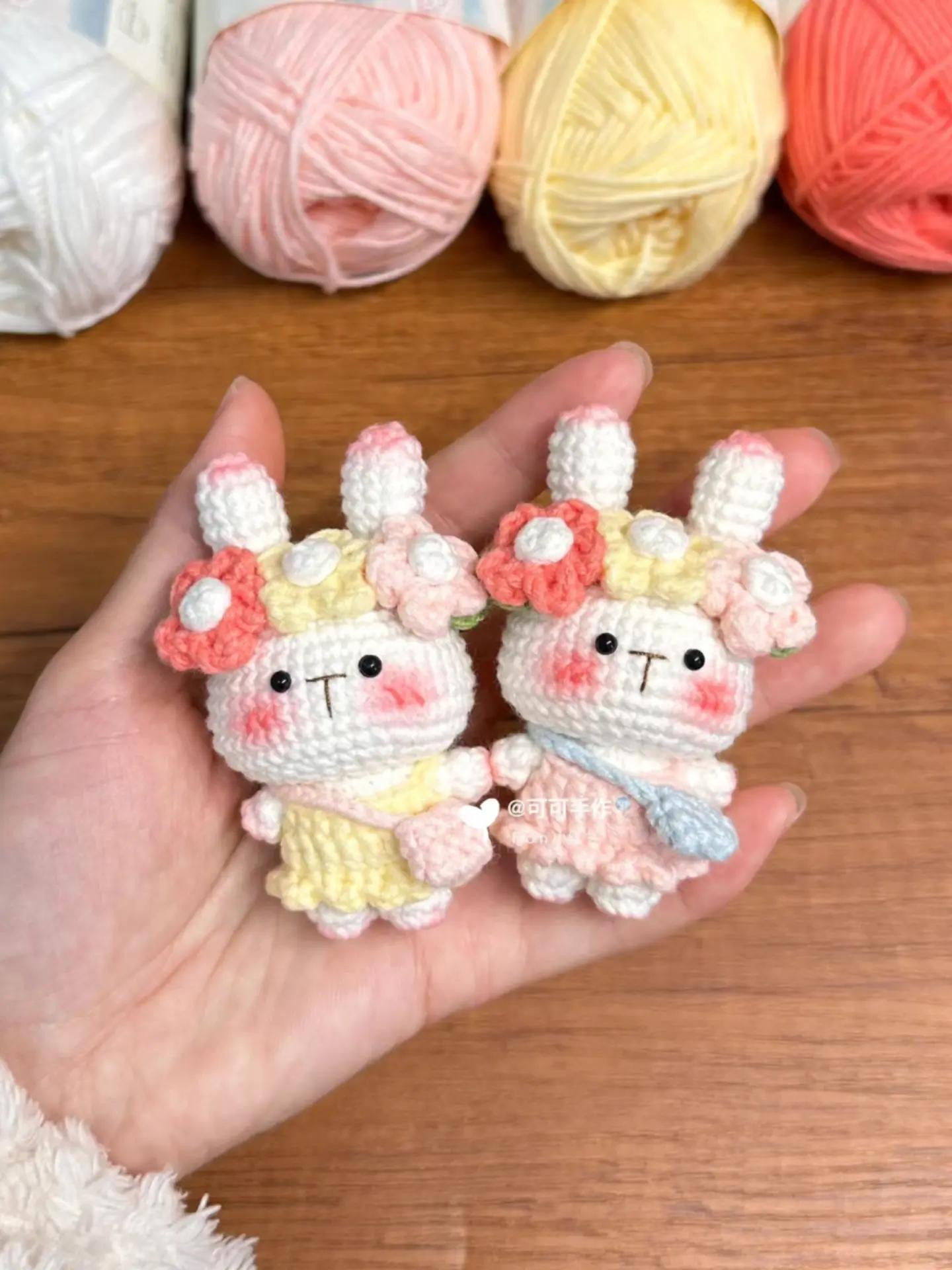 Cute Crochet Bunnies with Flower Crowns and Colorful Outfits