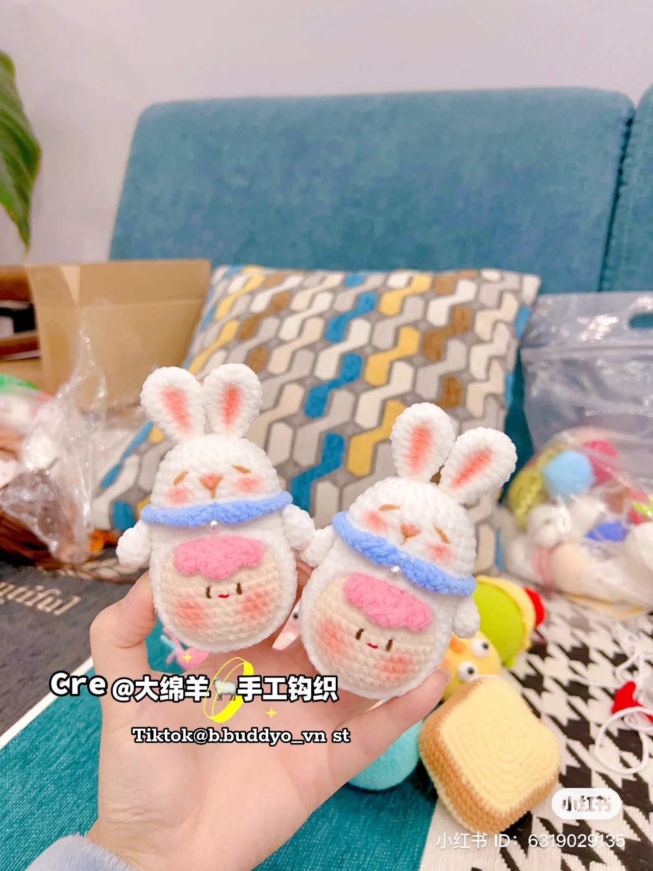 Cute Crochet Bunny with Colorful Scarf and Blush Cheeks