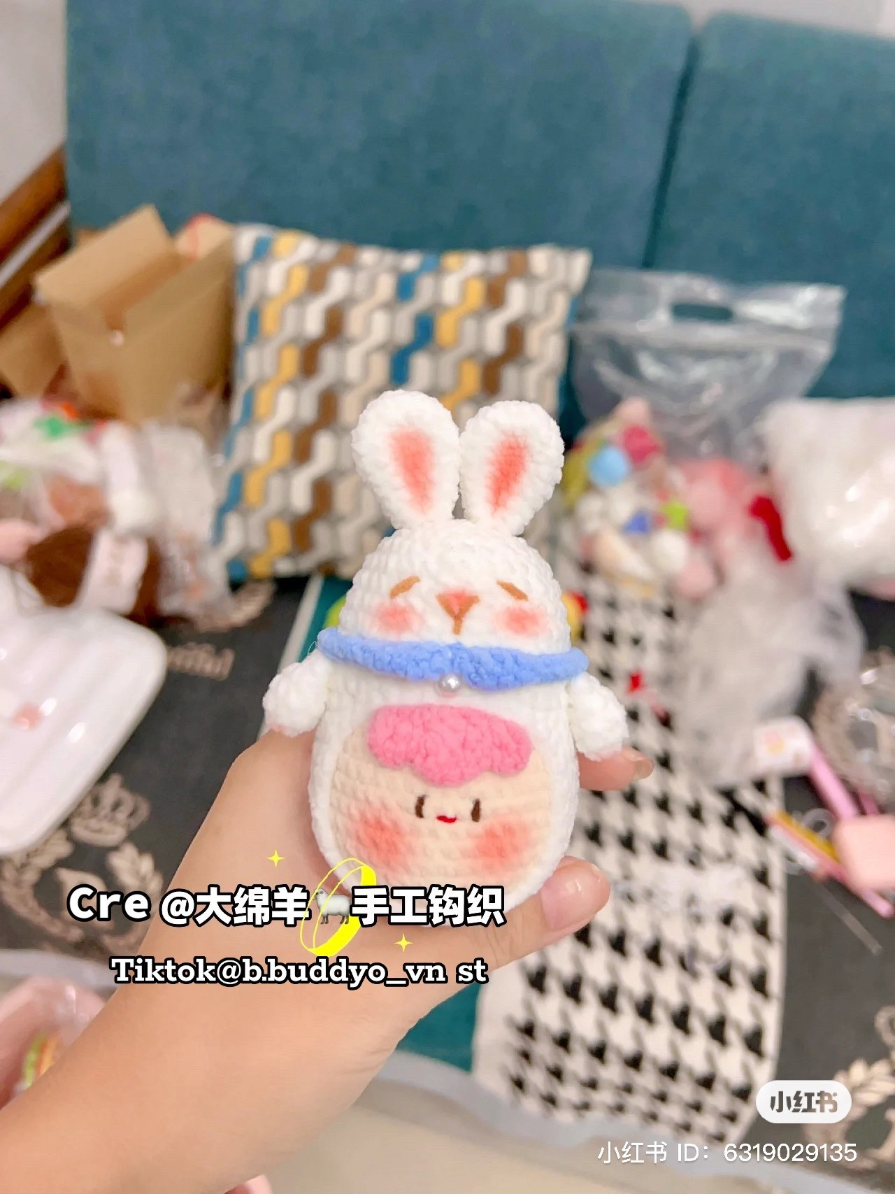 Cute Crochet Bunny with Colorful Scarf and Blush Cheeks