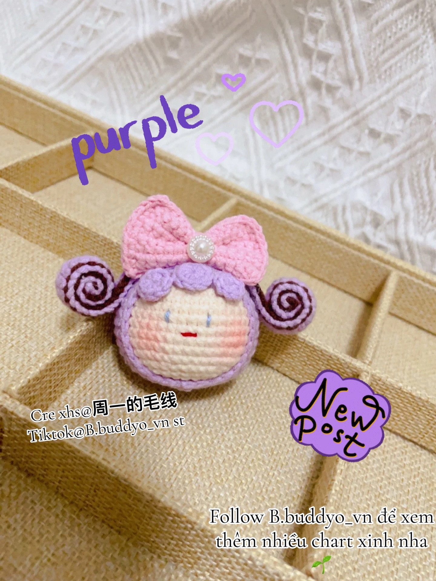Cute Crochet Doll with Bow and Lavender Background