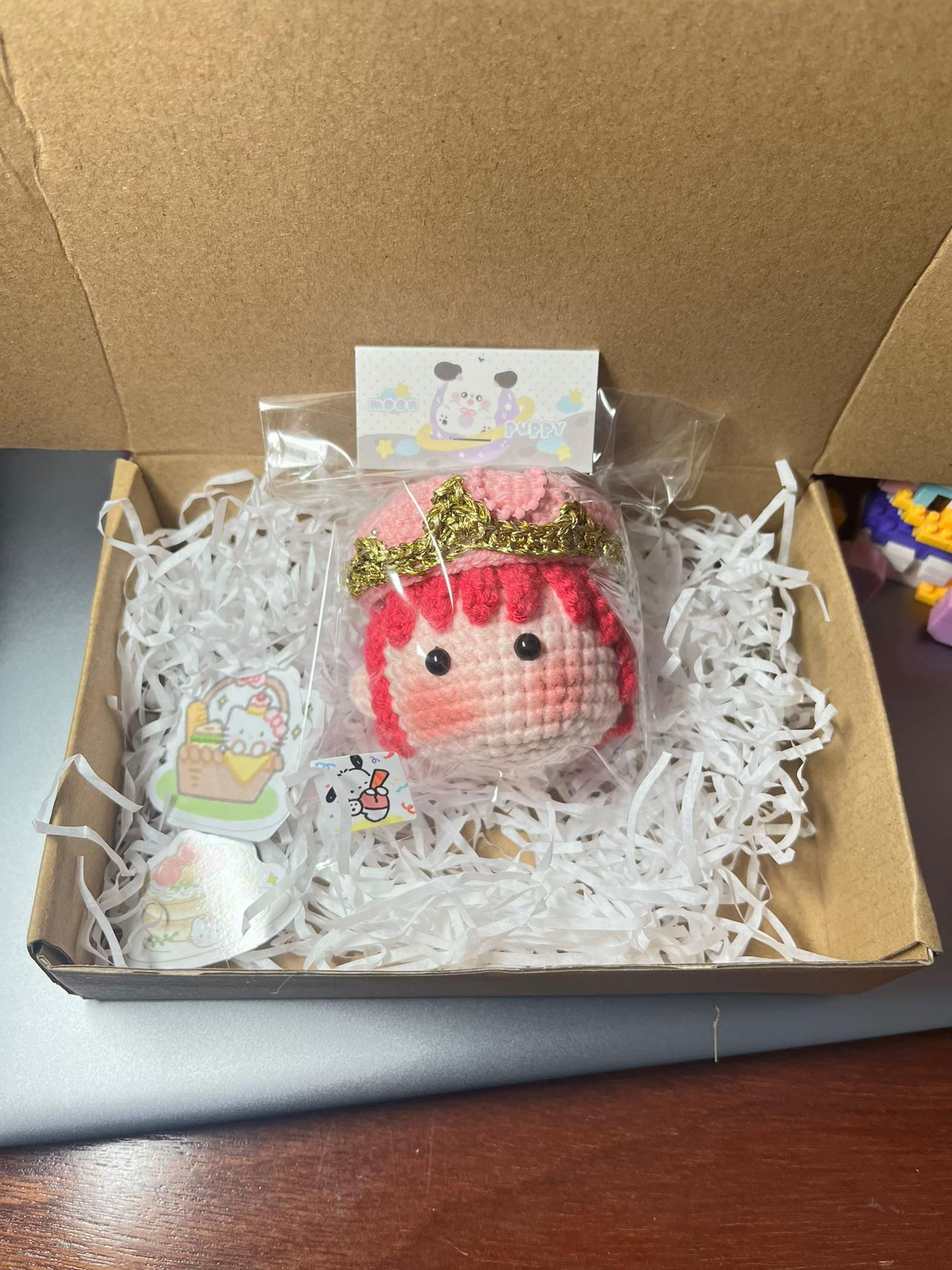 Cute Crochet Princess Keychain with Crown and Pink Hair