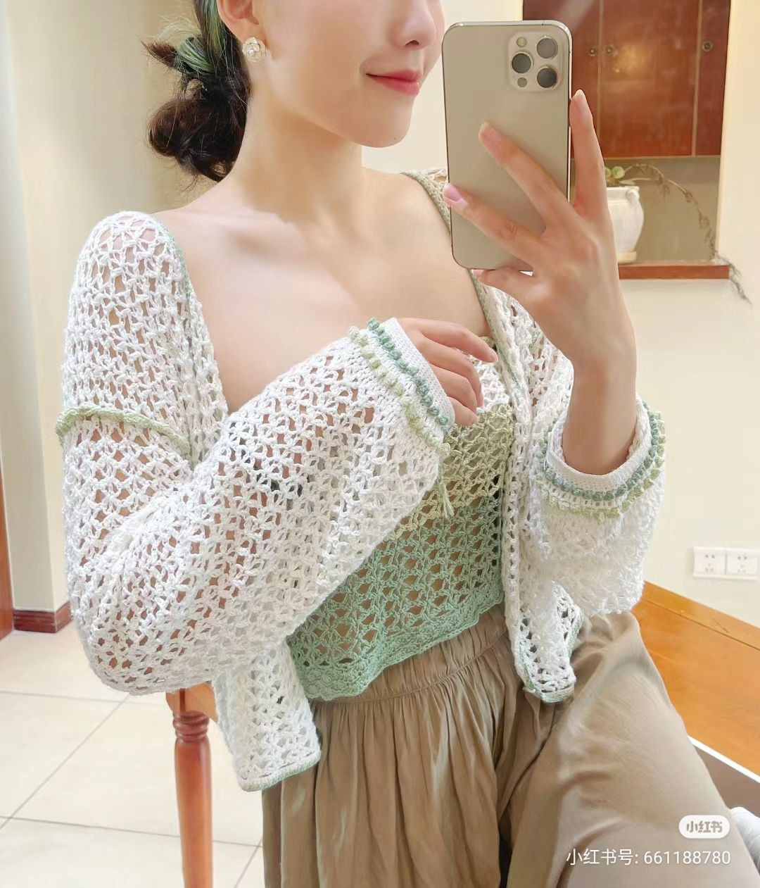 Elegant Crochet Blouse with Pastel Green Accents Design