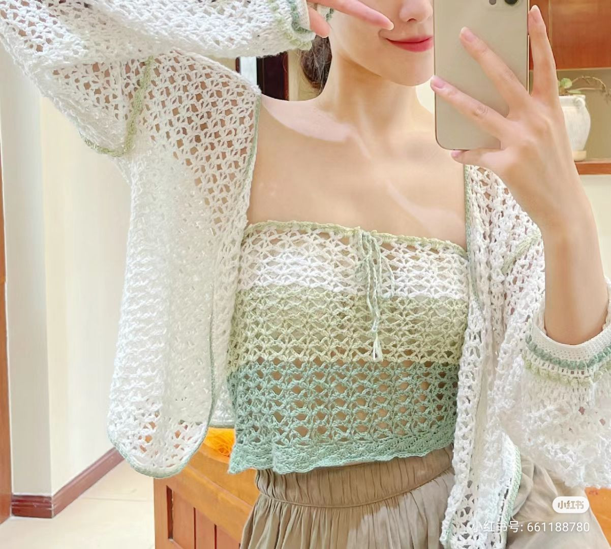 Elegant Crochet Blouse with Pastel Green Accents Design