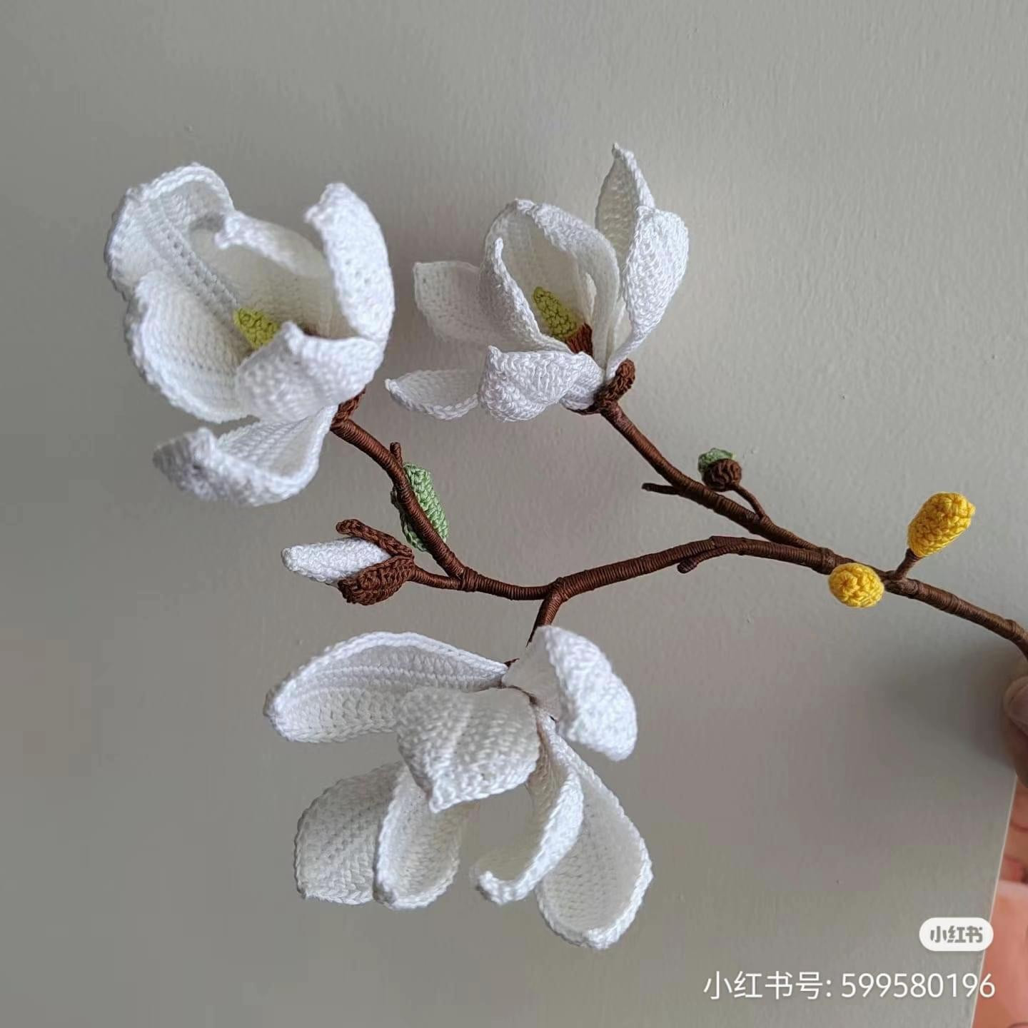 Elegant Crochet Magnolia Flowers on a Branch