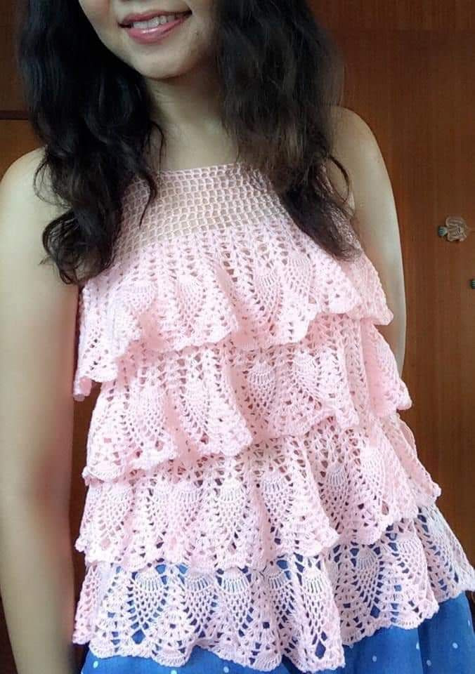 Elegant Crochet Top with Layered Ruffles Design