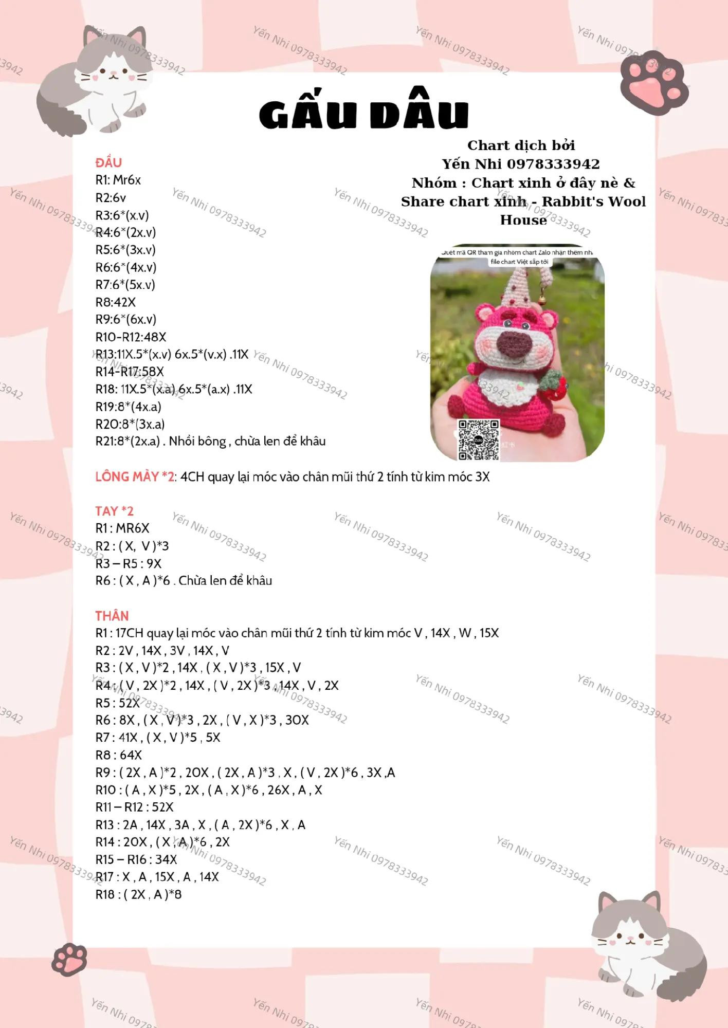 Hướng dẫn móc len hình gấu đáng yêu với mũ sinh nhật