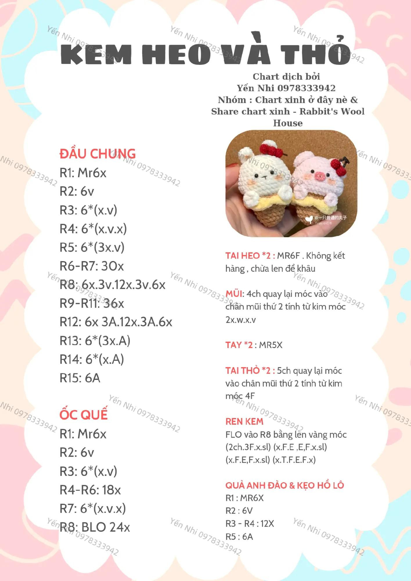 Hướng dẫn móc len kem heo và thỏ dễ thương chi tiết