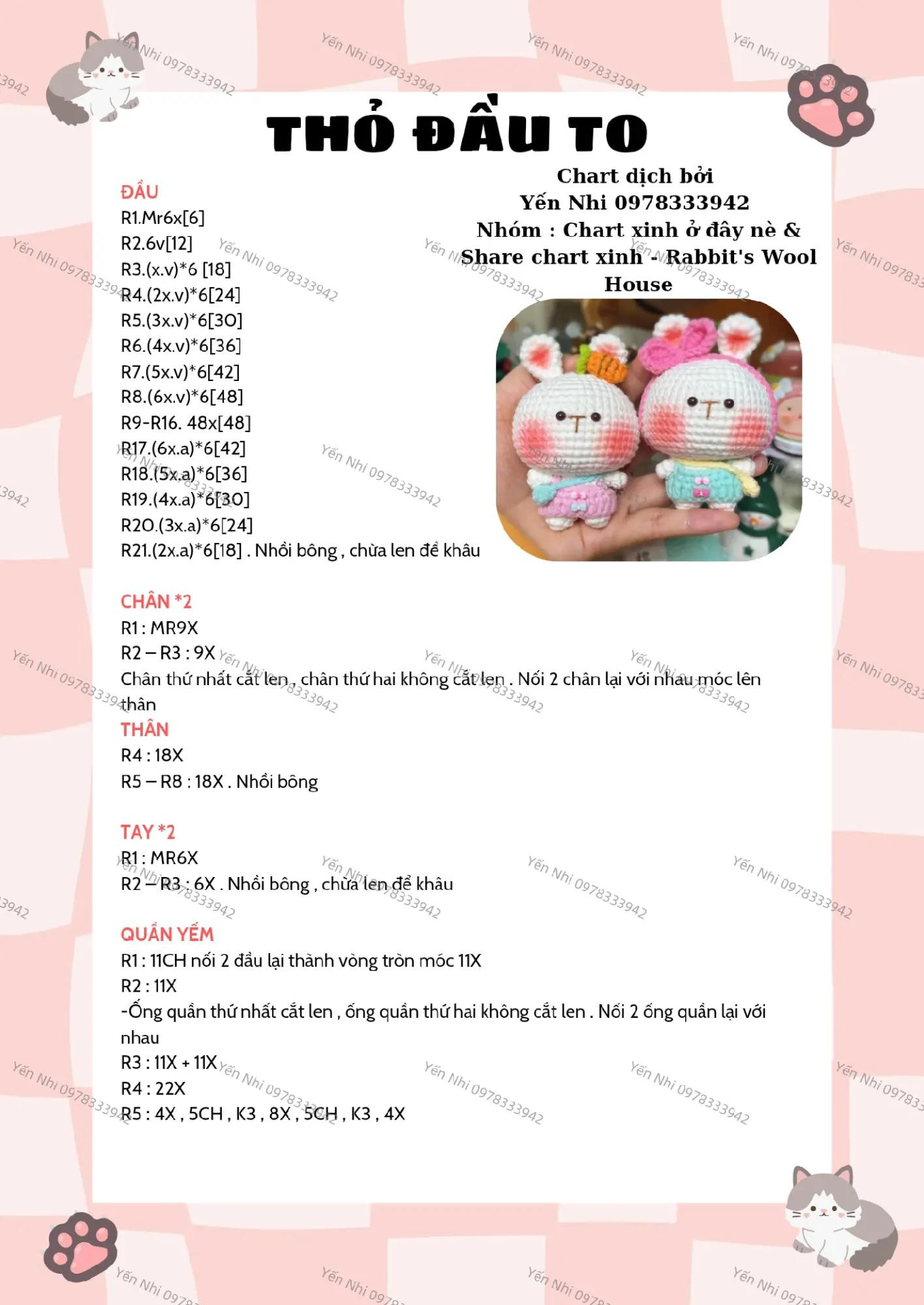 Hướng dẫn móc len thỏ đáng yêu với biểu đồ chi tiết