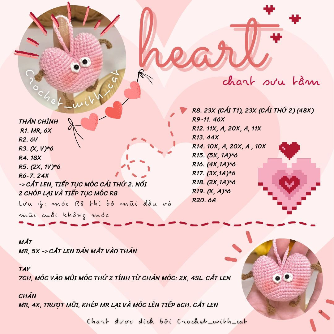 Hướng dẫn móc len trái tim dễ thương với đôi mắt to