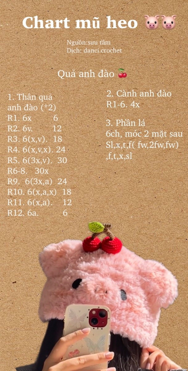 Hướng dẫn móc mũ heo dễ thương với họa tiết quả anh đào