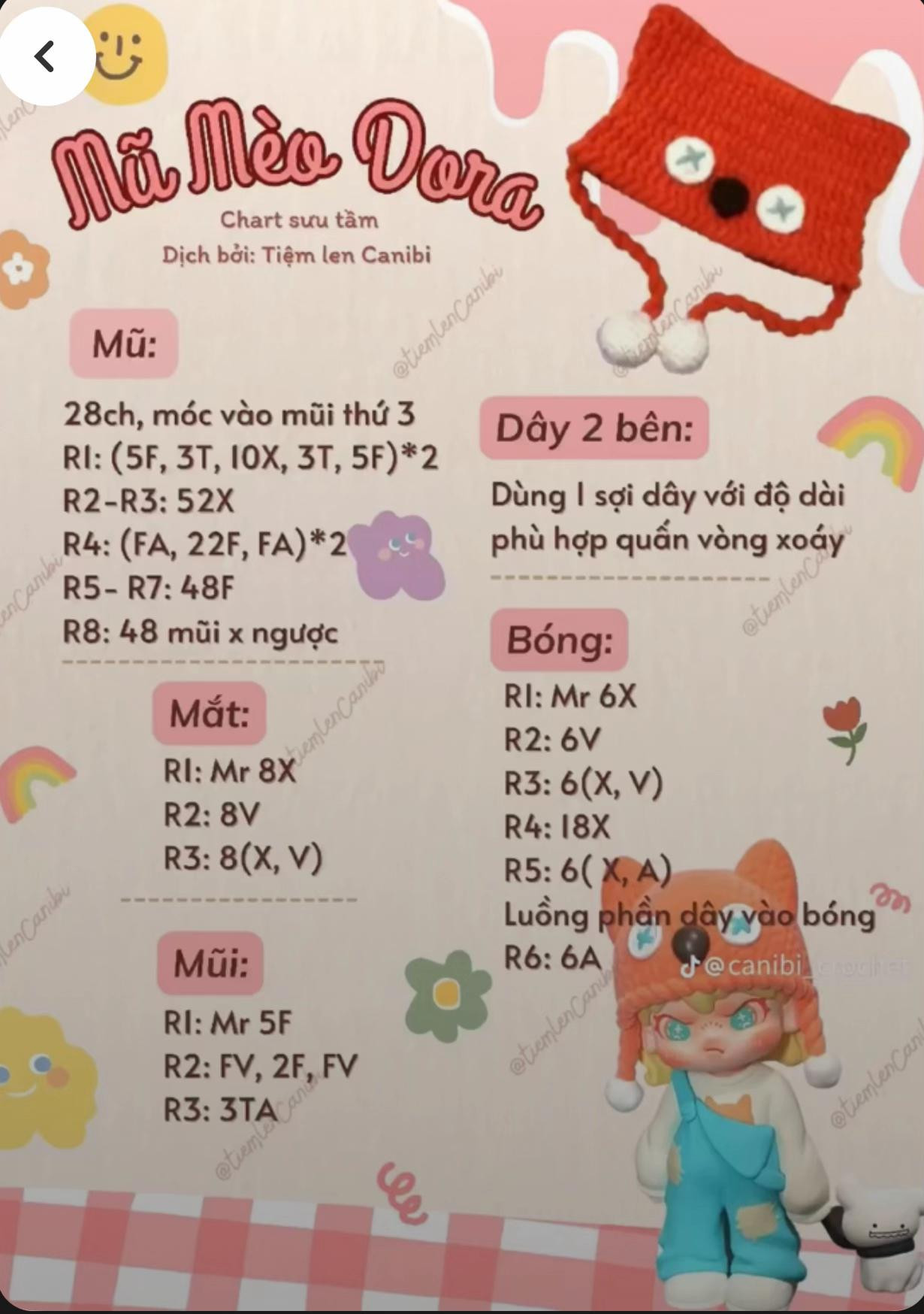 Hướng dẫn móc nón mèo Dora cho bé bằng len