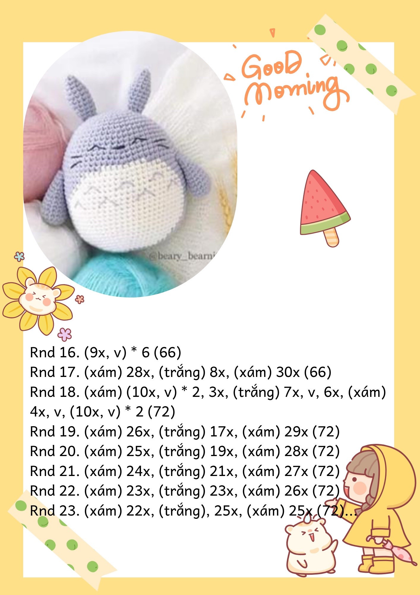Móc len Totoro nhỏ xinh với len xám và trắng cho buổi sáng tốt lành