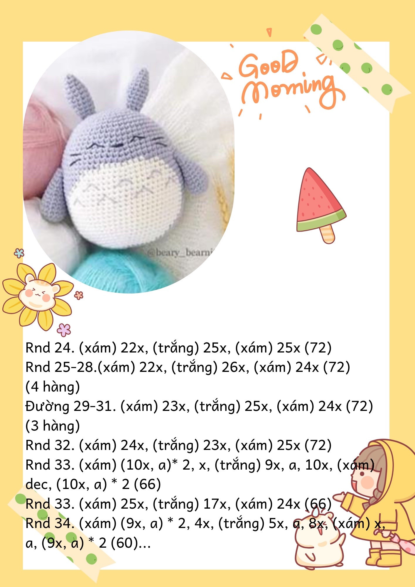 Móc len Totoro nhỏ xinh với len xám và trắng cho buổi sáng tốt lành