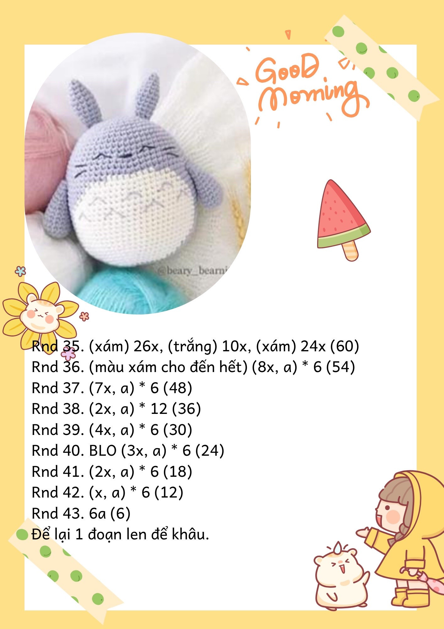 Móc len Totoro nhỏ xinh với len xám và trắng cho buổi sáng tốt lành