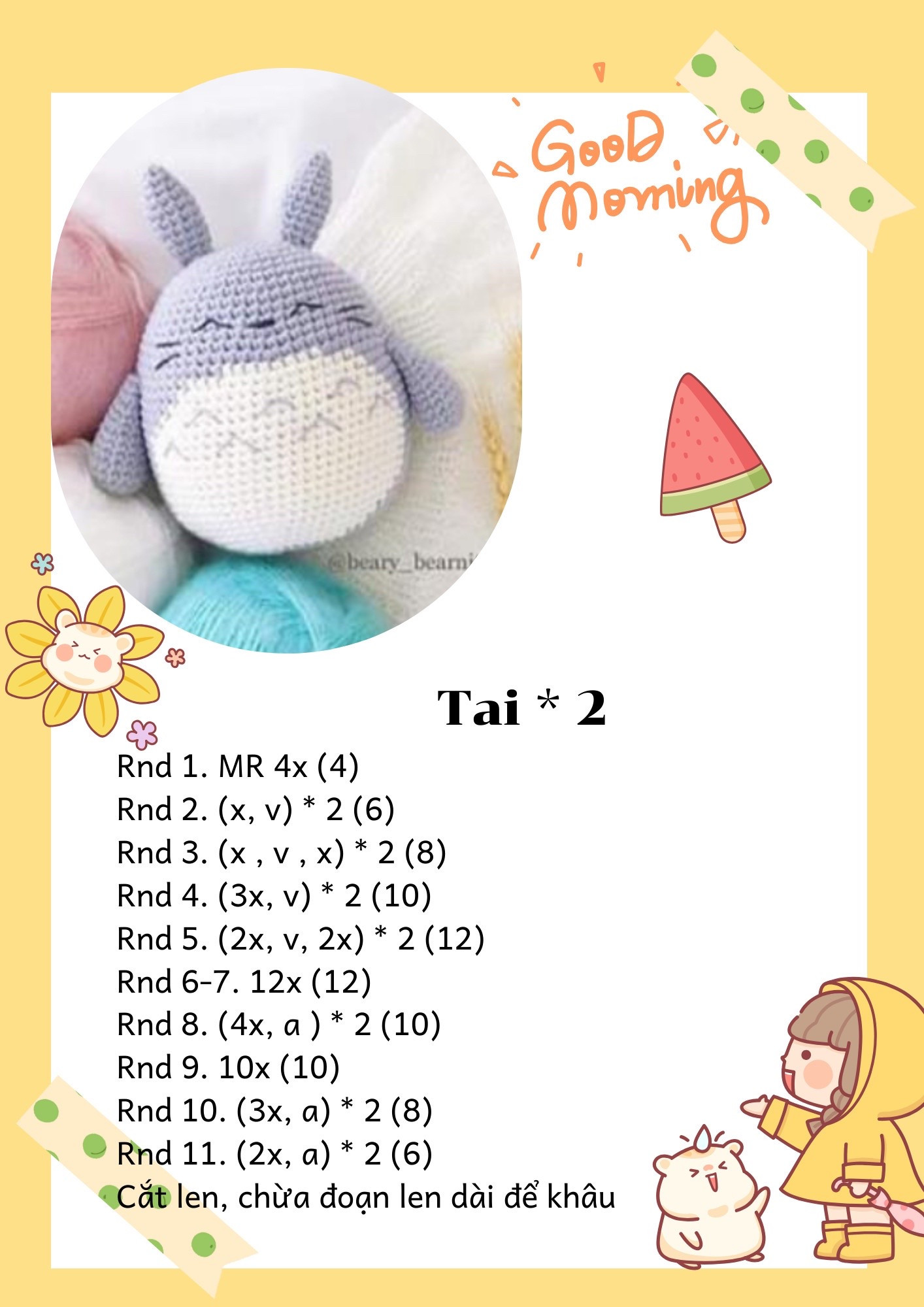 Móc len Totoro nhỏ xinh với len xám và trắng cho buổi sáng tốt lành