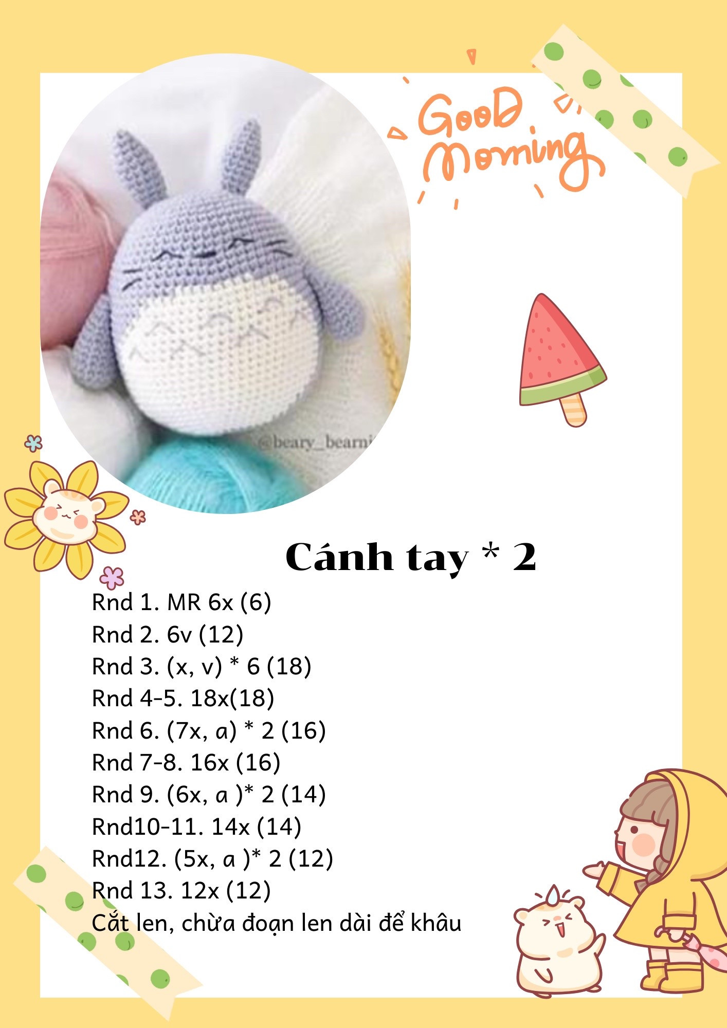 Móc len Totoro nhỏ xinh với len xám và trắng cho buổi sáng tốt lành