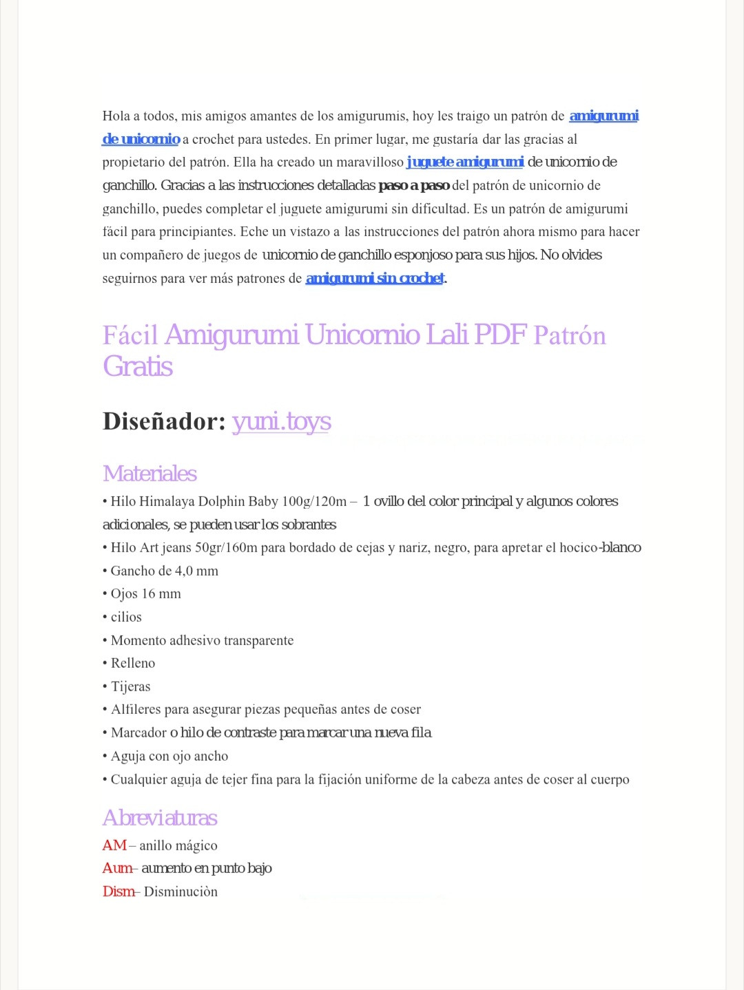 Patrón Amigurumi Unicornio Fácil y Gratis en PDF
