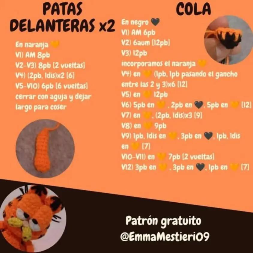 Patrón de amigurumi de Garfield gratis para crochet