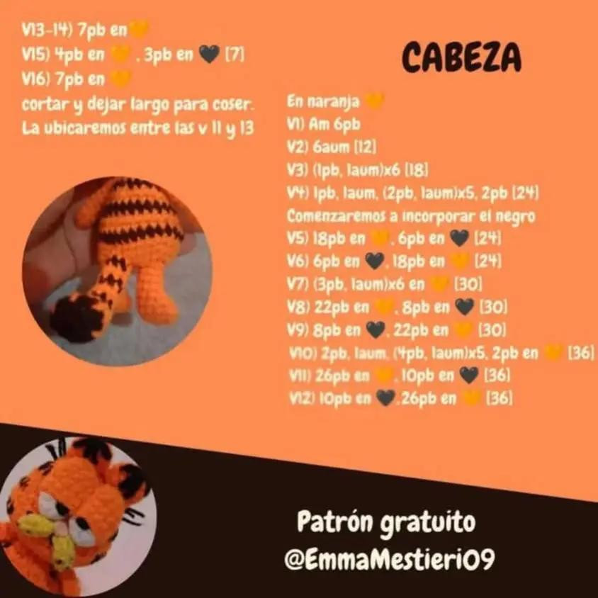 Patrón de amigurumi de Garfield gratis para crochet