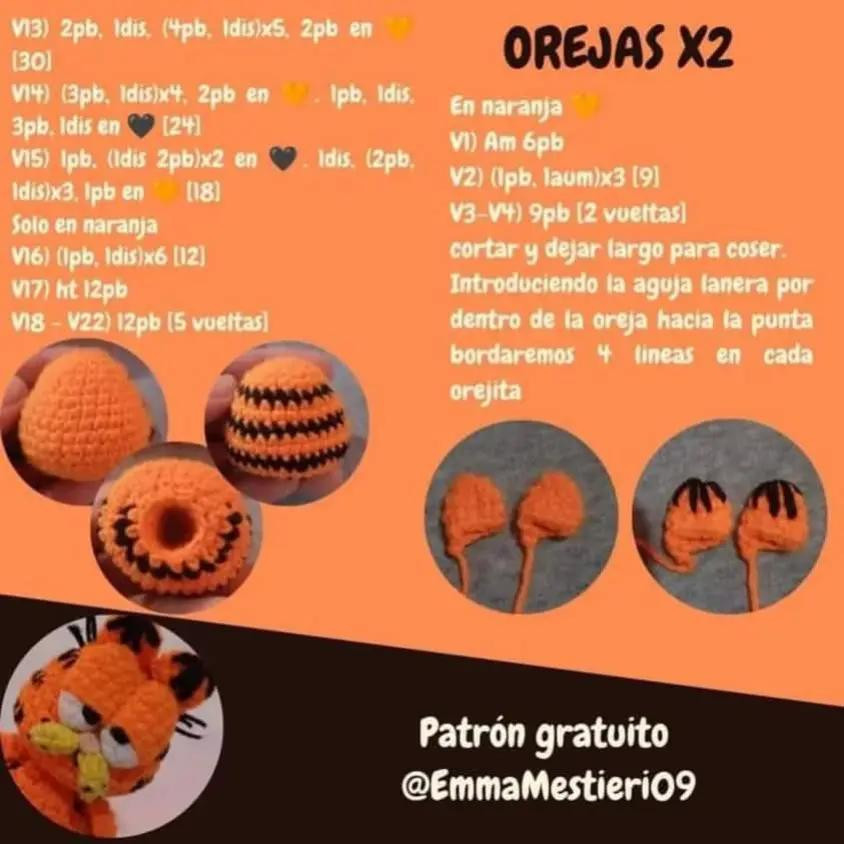 Patrón de amigurumi de Garfield gratis para crochet