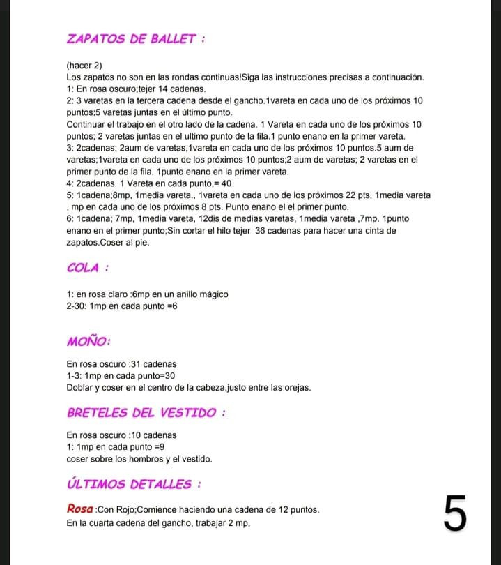 Patrón de amigurumi: Ratón bailarina con vestido rosa