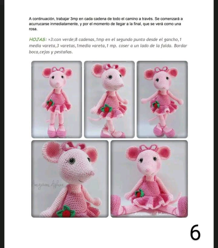 Patrón de amigurumi: Ratón bailarina con vestido rosa