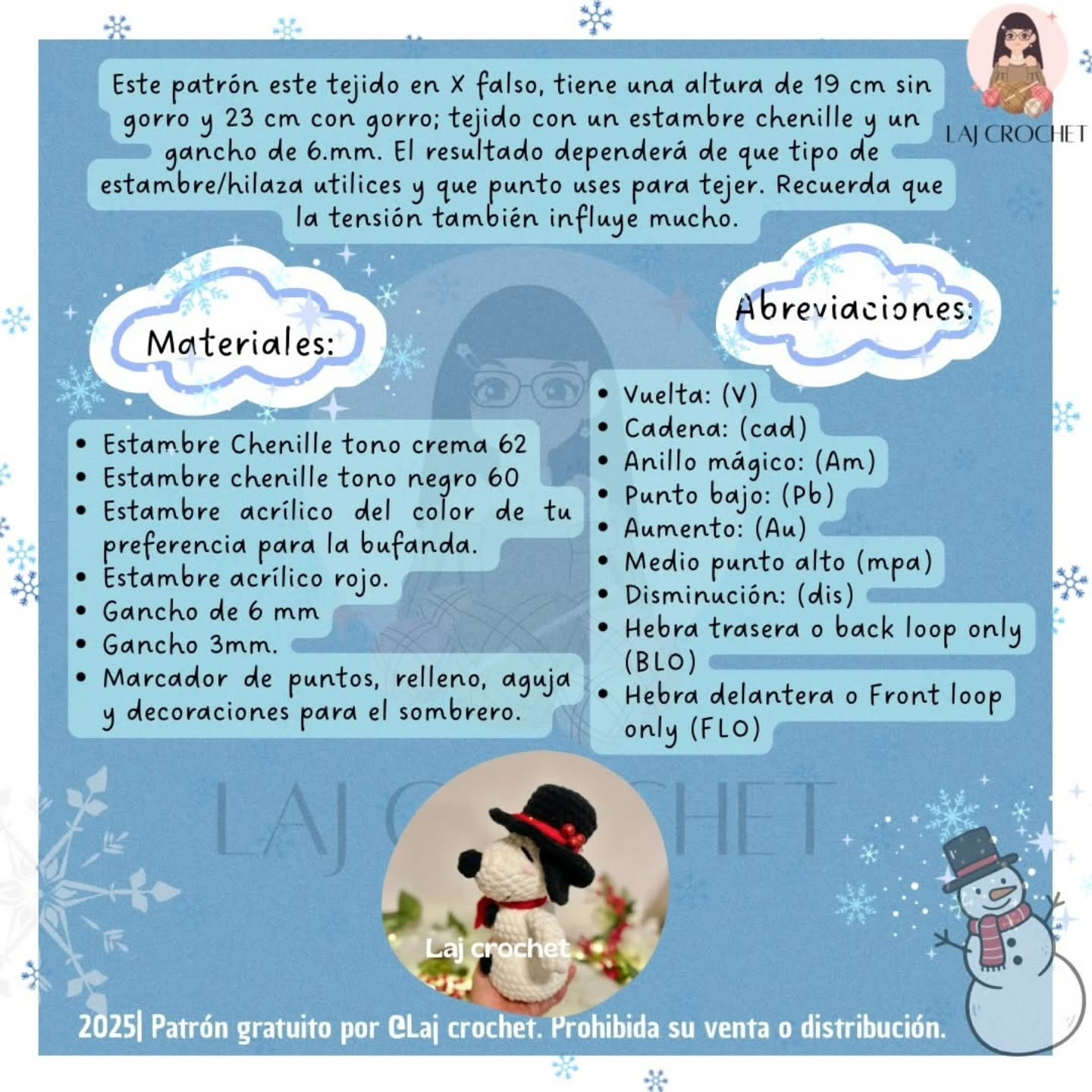 Patrón de muñeco de nieve Snoopy a crochet gratuito