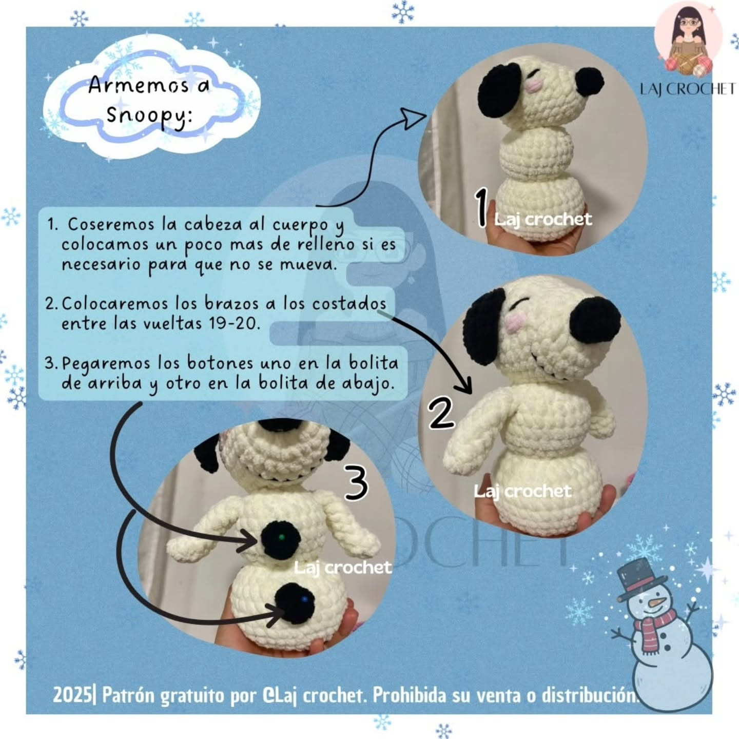 Patrón de muñeco de nieve Snoopy a crochet gratuito